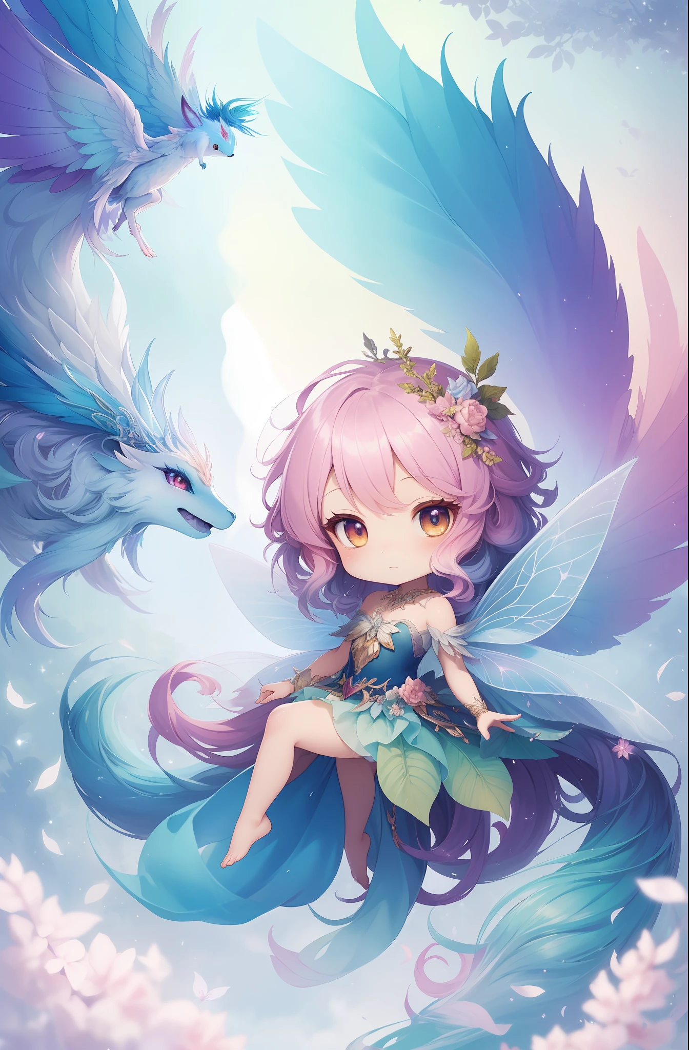 mythical fairy creature, beast, fluffy, gradient color ((best quality)), ((masterpiece)), ( extreme detailed, highest detailed, official art, beautiful and aesthetic:1.2), depth of field, composition, FULL BODY, (CHIBI), (beautiful and detailed eye:1.3), Long tail
