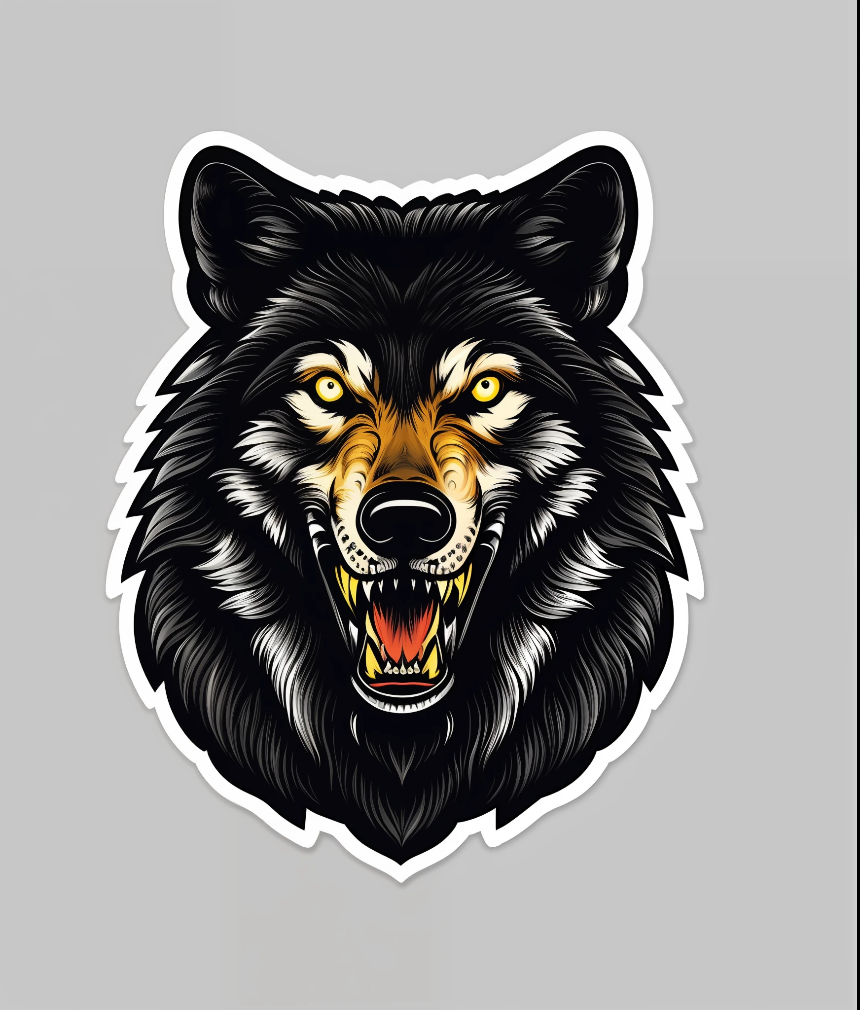 wolf, white, vintage style, (T-shirt design), evil face, showing teeth realistic volumetric light of masterpiece