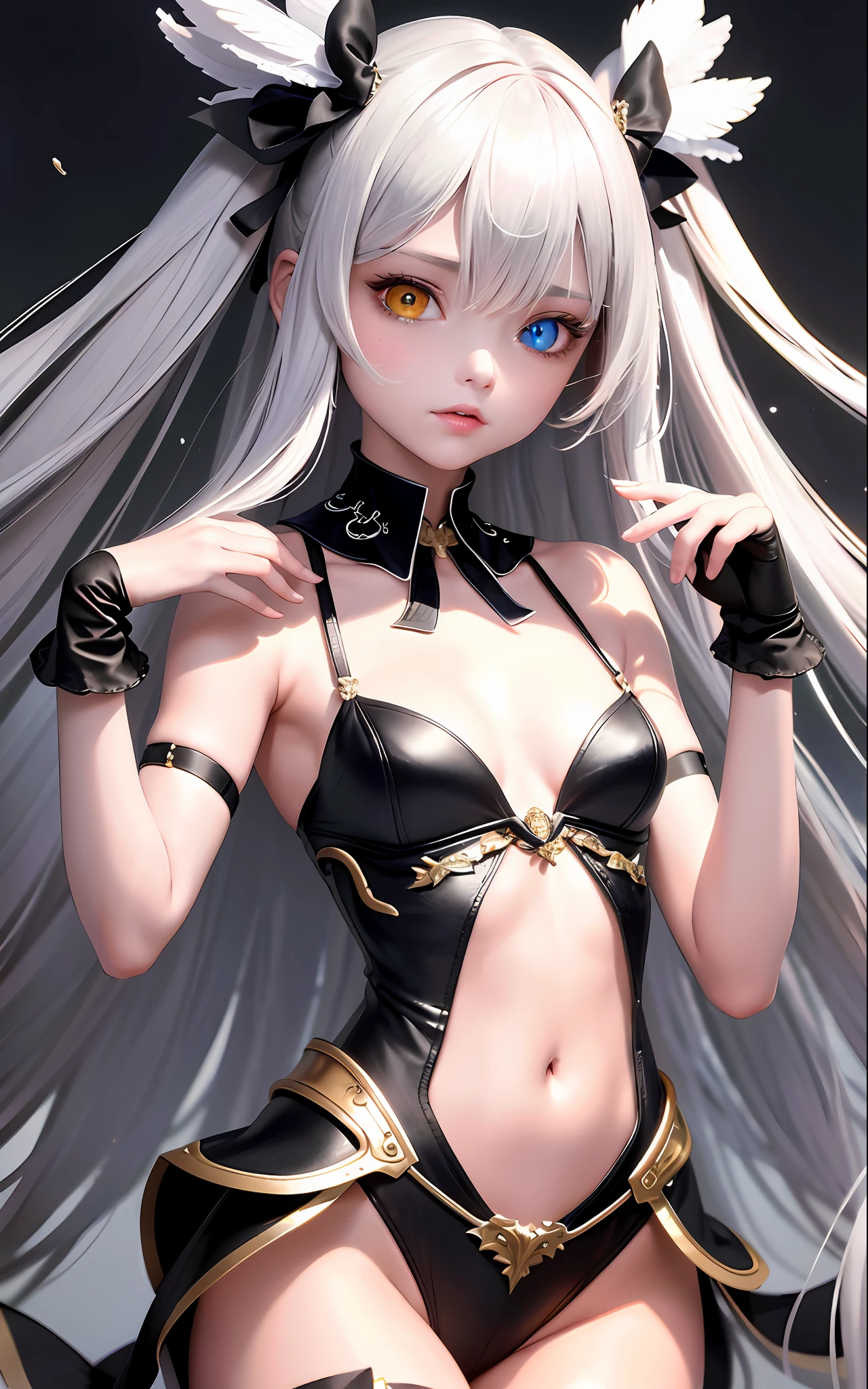 Superb Creation, High Resolution, Best Quality, UHD, Super Detail, Award-Awarded, 16k, (Upper Body), A Beautiful Maiden, Gray Hair, Hair, ((Heterochromia)), Hanging Corners, Fair Skin, (Small ), (Slim Body), ((Shirt)), (Ribbon Collar), (Short gloves as short as half a palm)