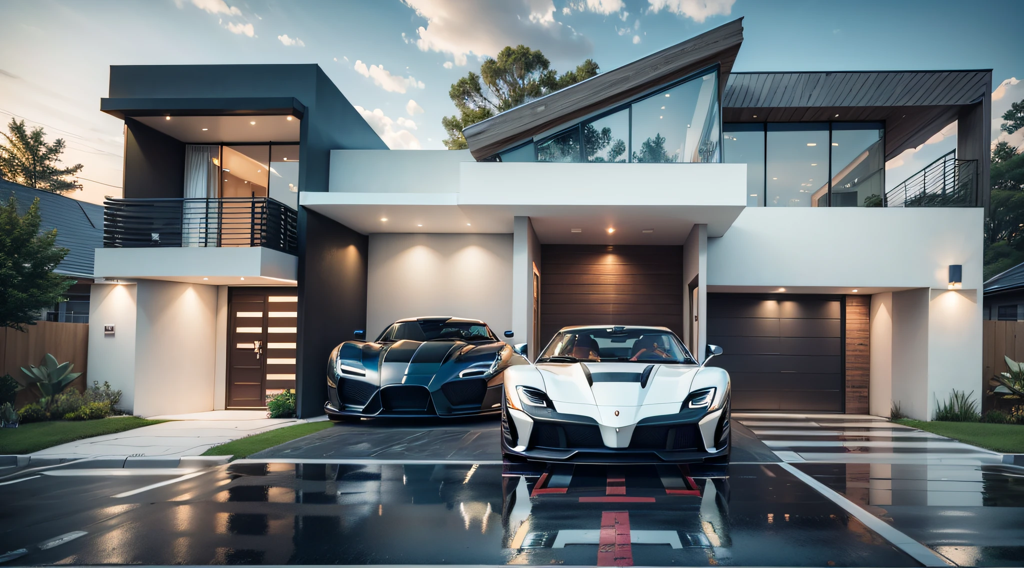 Modern American style house façade with super car in front --auto --s2