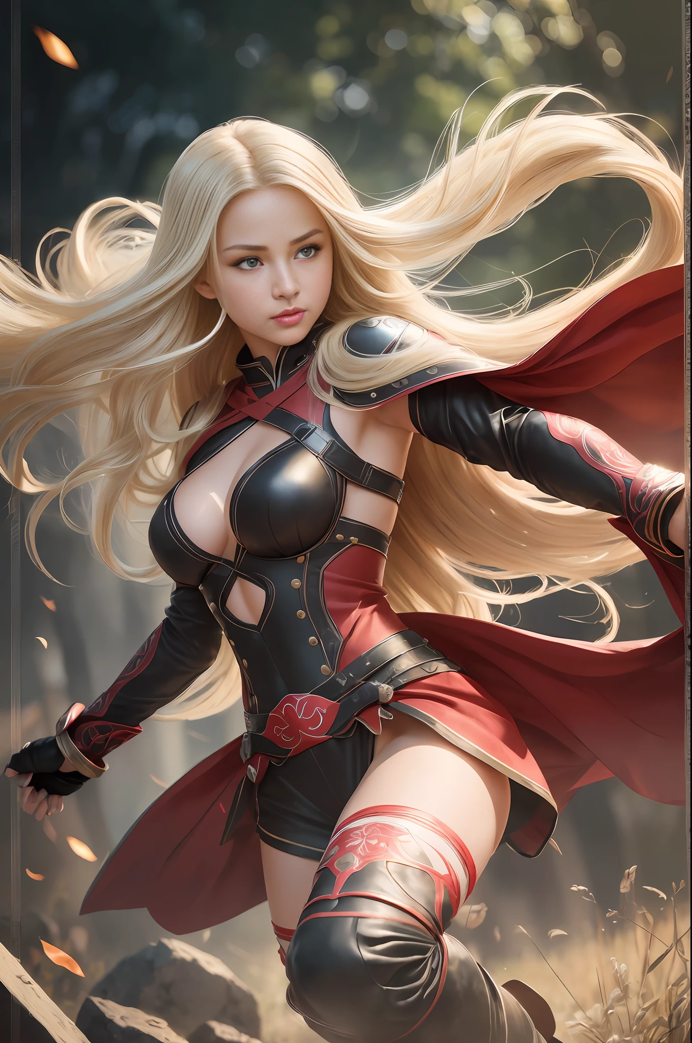 absurdres, RAW photo, highest quality, (masterpiece: 1.3), high detail RAW color photo, professional photo, extremely detailed CG 8k wallpaper unit, photographic realism, highres, hyperdetailed, photorealistic, best quality, extremely delicate and beautiful illustration, (a Caucasian woman, brown eyes), red lipstick, (small breasts, perfect anatomy, athletic whole body, (long hair), blonde hair, intricate hair, detailed eyes, (red ninja outfit), boots, standing, young female, fighting posture, official art, beautiful detailed background, (extremely delicate and beautiful illustration), depth of field, bokeh, dusty sunlight, --auto --s2