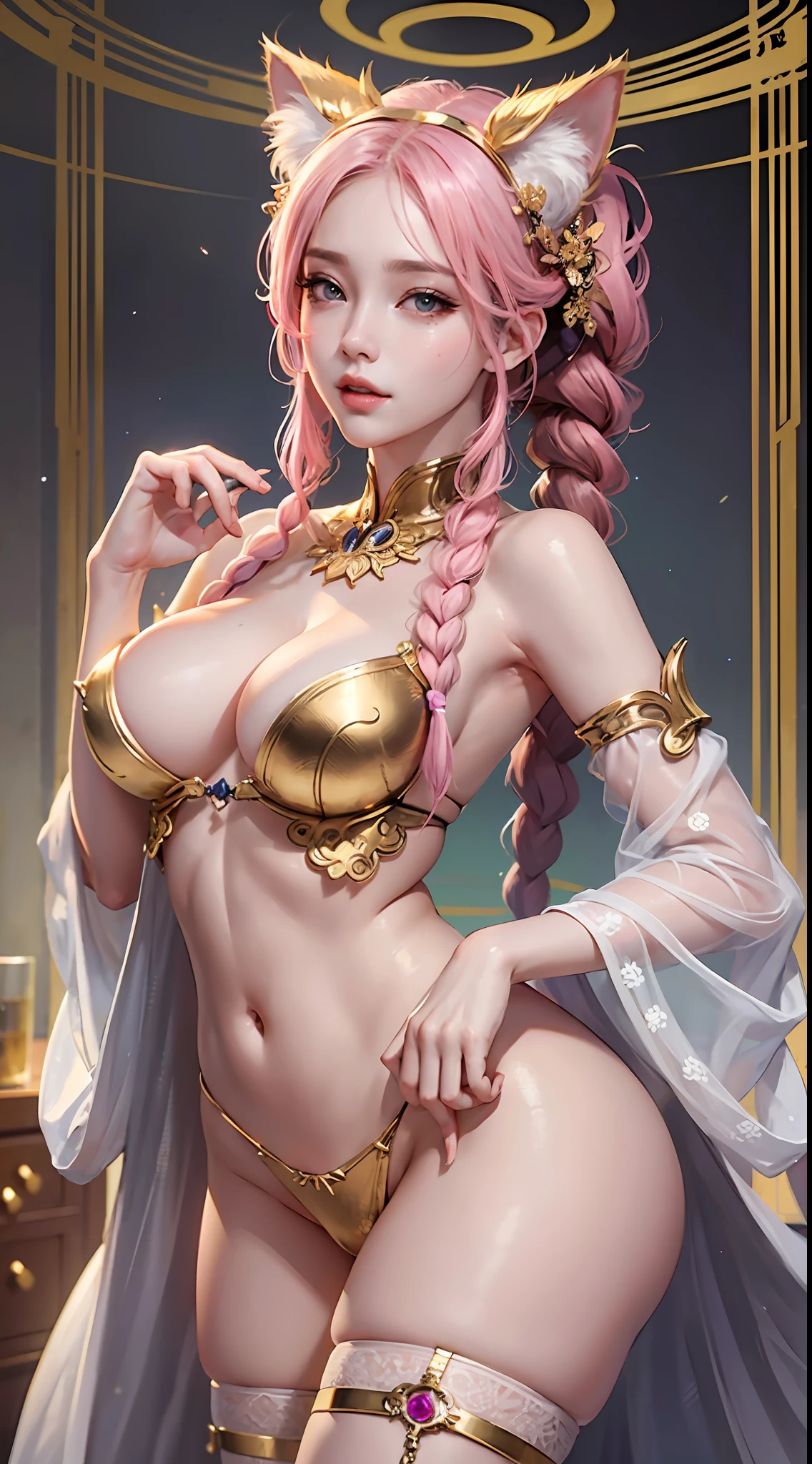 An Idol k-pop girl, cute girl, sexy girl, white braid hair, cat ears, intricate face details, detailed face, golden ratio face, big breast, big butt, big hip, big thighs, full body, wearing pink kimono, light smile, 64K, UHD, HDR, high quality, high detailed, hyper detailed, extremely detailed, photo realistic, ultra realistic, art photo, clarify the details, detailed parts body, intricate artwork masterpiece, trending on artstation --auto --s2