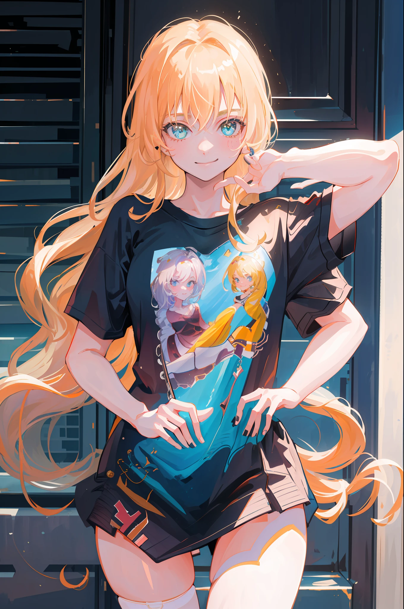 (8k, highest quality, best quality, masterpiece, highly detailed:1.2),
1girl, upper body, woman looks like (Margot Robbie), wearing boyfriend shirt and panty, (naked shirt, shirt tug), shy, half smile, midday, from below