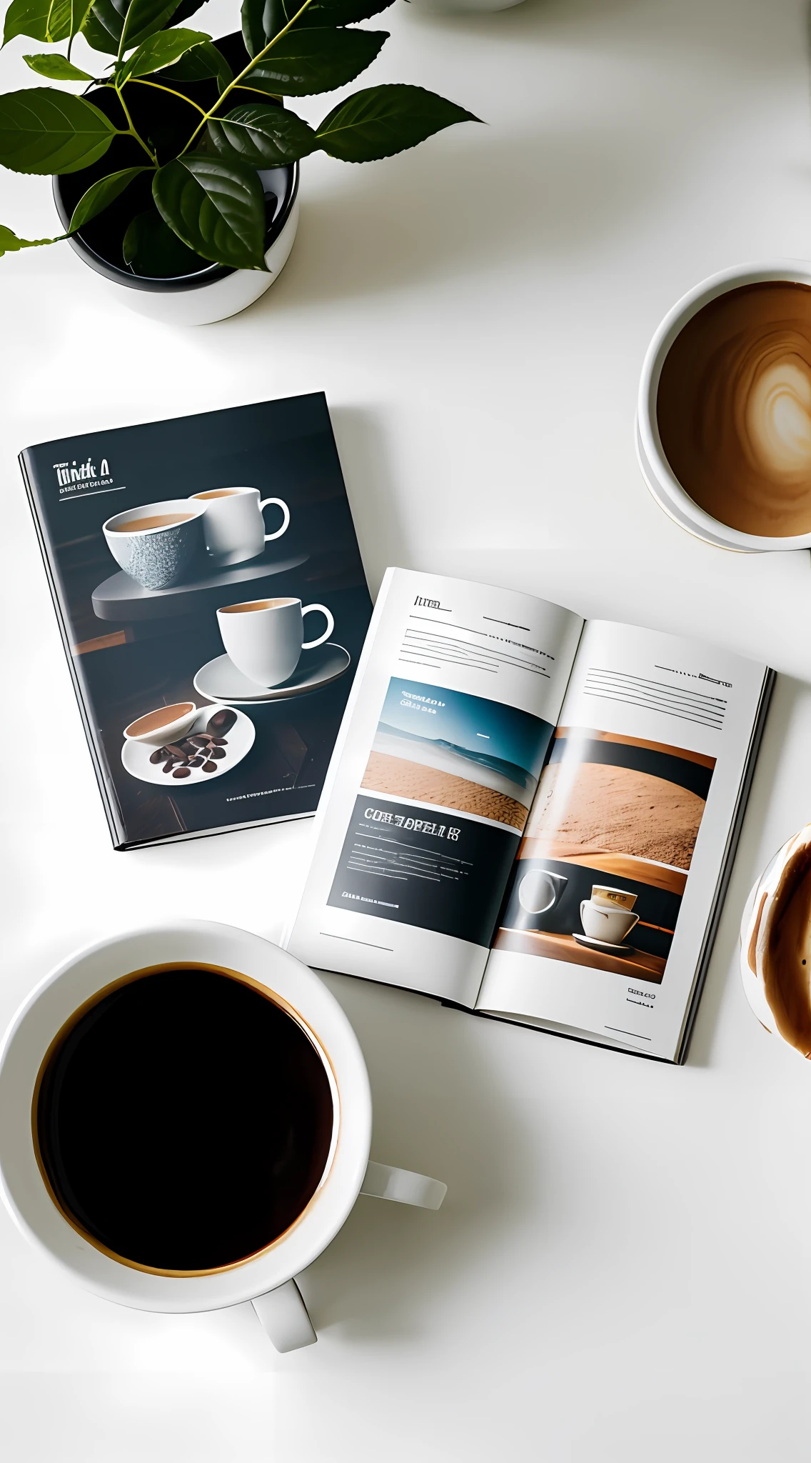 there is a cup of coffee and a book on a table, on a white table, print on magazine, photo for a magazine, catalogue photography, high quality product photography, morning time, photorealistic magazine picture, professional product photography, dslr photo of a vase on a table, photo product, product photography, on a coffee table, simple aesthetic, product introduction photo