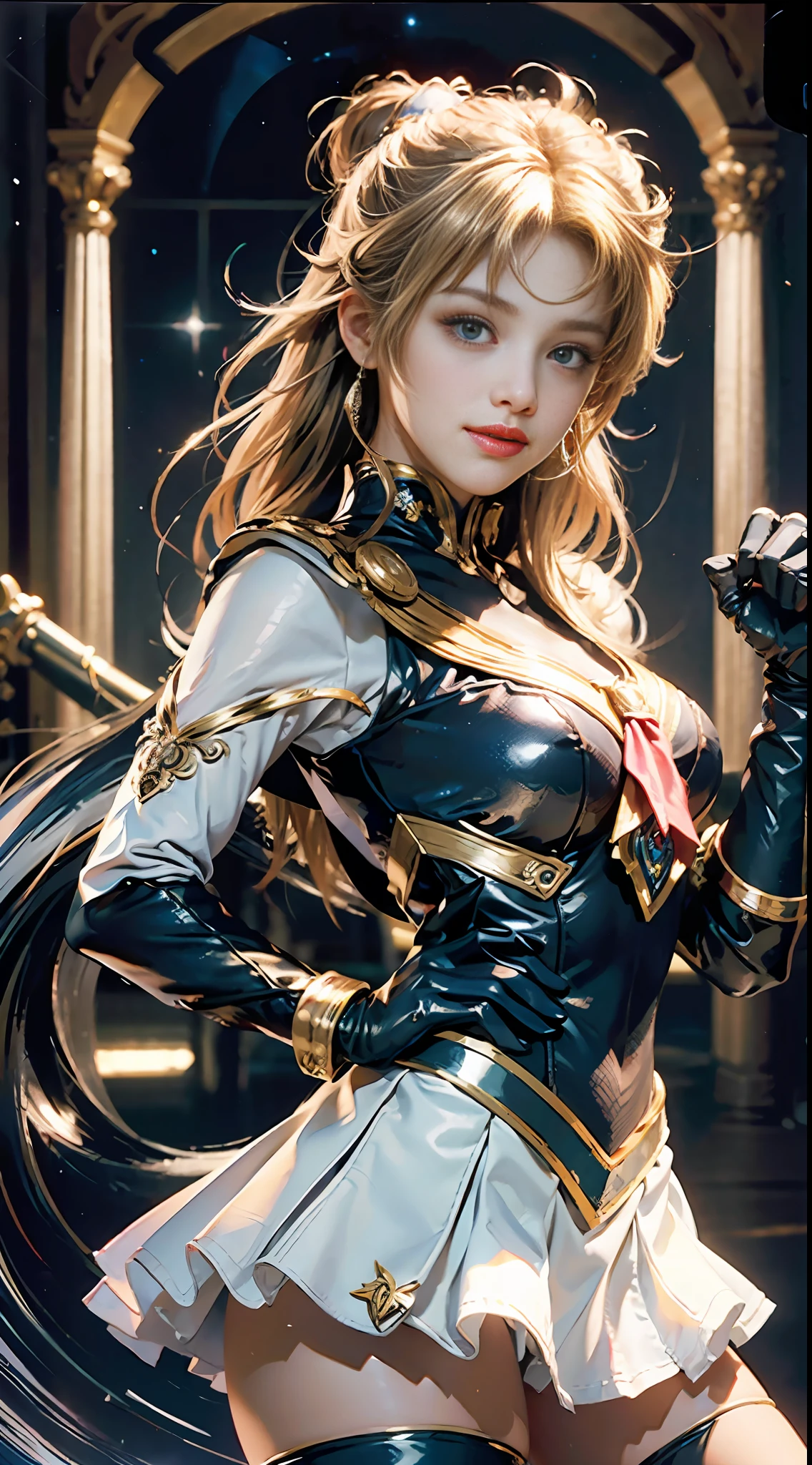 (Extreme detail CG Unity 8K wallpaper, masterpiece, highest quality), (exquisite lighting and shadow, highly dramatic picture, cinematic lens effect), (Sailor Moon: 1.1), charming smile, double tail, blue eyes, blond hair, tight top, white gloves, mini skirt, dynamic pose), the background is the universe (excellent detail, excellent lighting, wide angle), (excellent rendering, enough to stand out in its class),