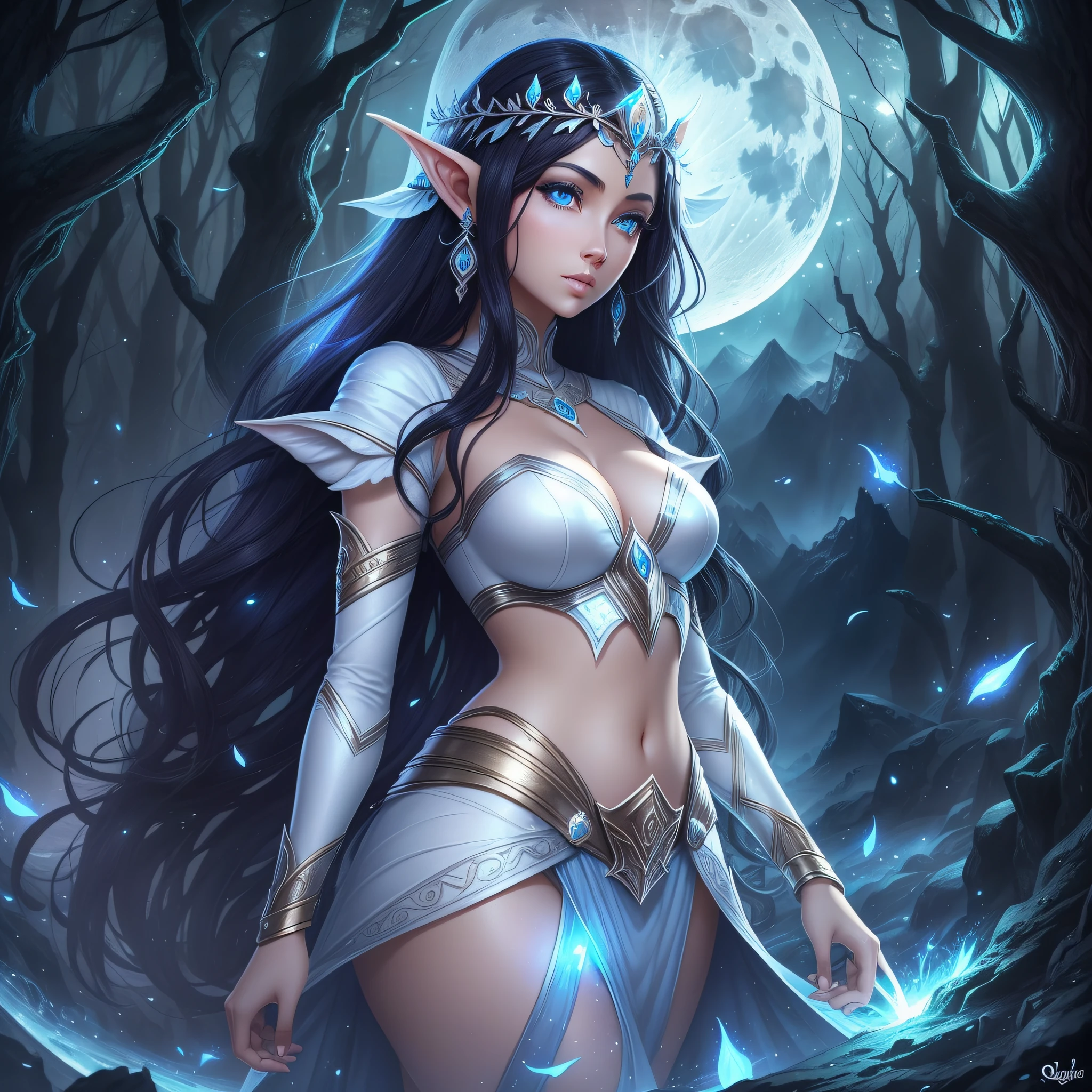 moon elf woman, y, light skin, moon, night, dark, beautiful, black hair, blue eyes, white clothing, brightness, hyperrealistic, concept art, medieval, epic, fantasy, princess, queen, forest, mountains, 2.5d cgi --auto --s2