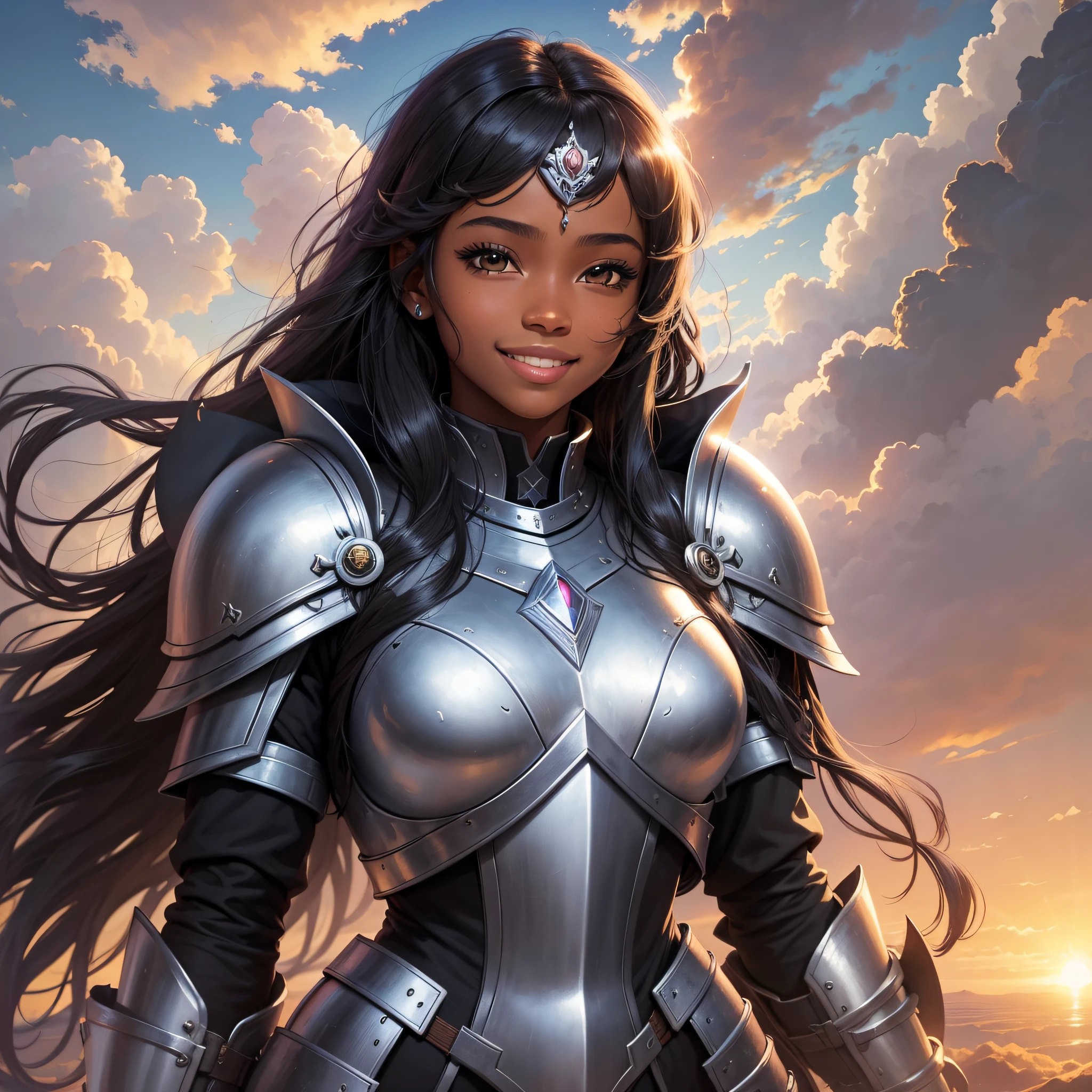 illustration of a black princess, ager, heroine, warrior, armor and cover, with a light and confident smile, background with sky and clouds and sun setting --auto --s2