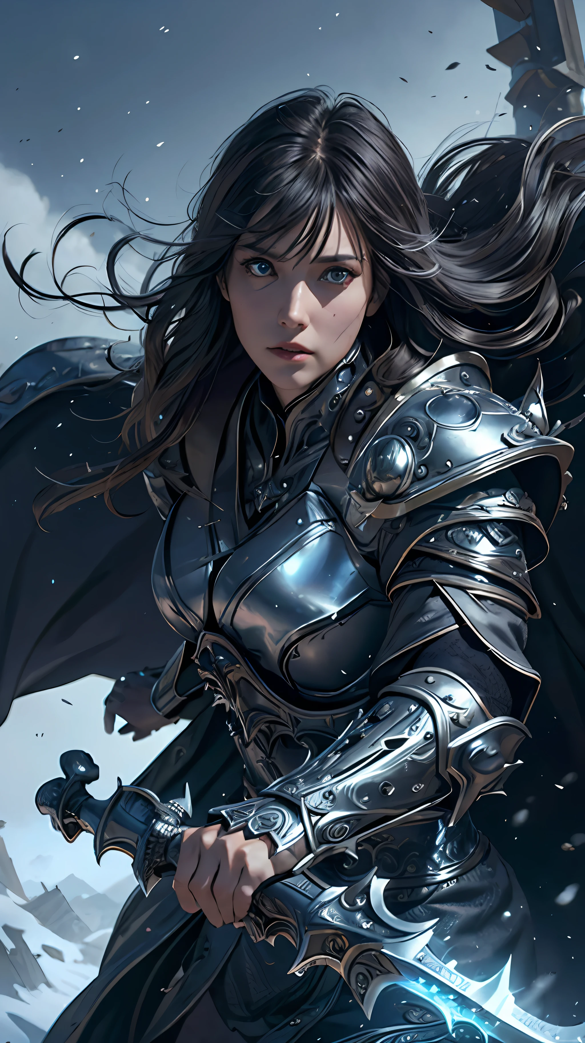 8k,ultra detailed, masterpiece, best quality, (extremely detailed), dynamic angle, Mysterious expression, wind effect, fantasy background, rim lighting, cinematic light, ultra high res, 8k uhd, film grain,best shadow, delicate, RAW, light particles, detailed skin texture, detailed armor texture, detailed face, intricate details, ultra detailed, bright, strong, silver armor, (holding weapon), slashing, slash action, pauldrons, glowing eyes, long cape, fantasy, (realistic), shoulder armor, complex, intricate, perfect lighting, looking at viewer, cinematic lighting, flying in sky,flying, holy light, vivid, bangs, windy, ((2 woman in battle))