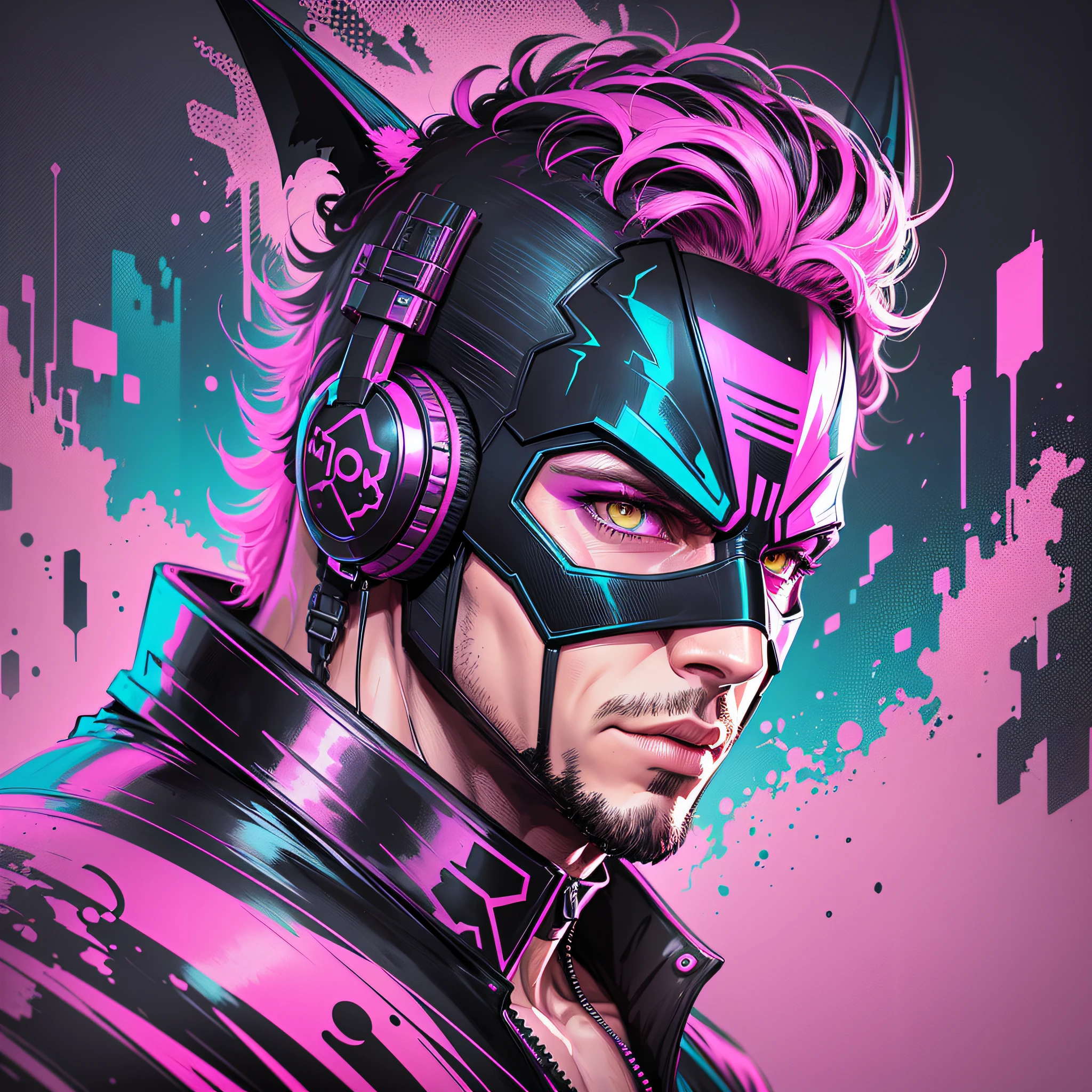 Half-body portrait winner synthwave swpunk style of a bat man DJ batiman style, batman mask, headphones, ink splashes, splatter, outrun, vaporware, shaded flat illustration, digital art, trend in artstation, highly detailed, fine detail, intricate --auto --s2