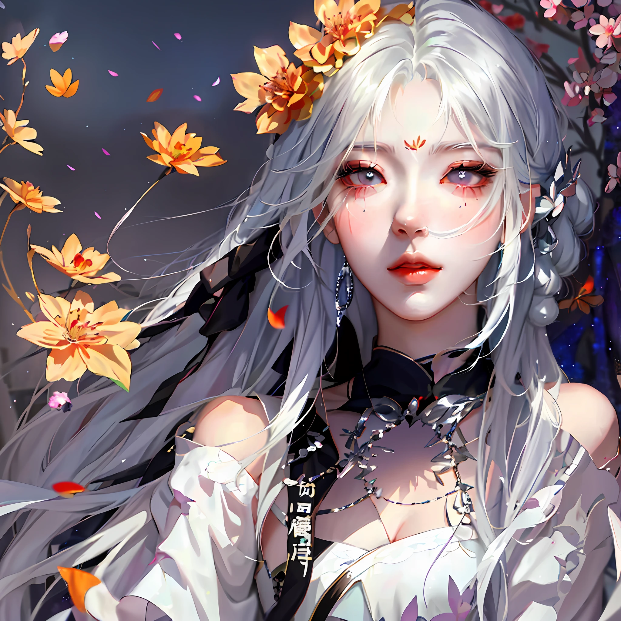 Anime girl with long hair and hair flowers, anime style 4k, beautiful anime portrait, beautiful anime artwork, beautiful anime girl, gray haired girl, delicate face, anime art wallpaper 4k, anime art wallpaper 4k, beautiful anime art, beautiful anime woman, anime art wallpaper 8k, stunning anime face portrait, beautiful fantasy anime, white hair god
