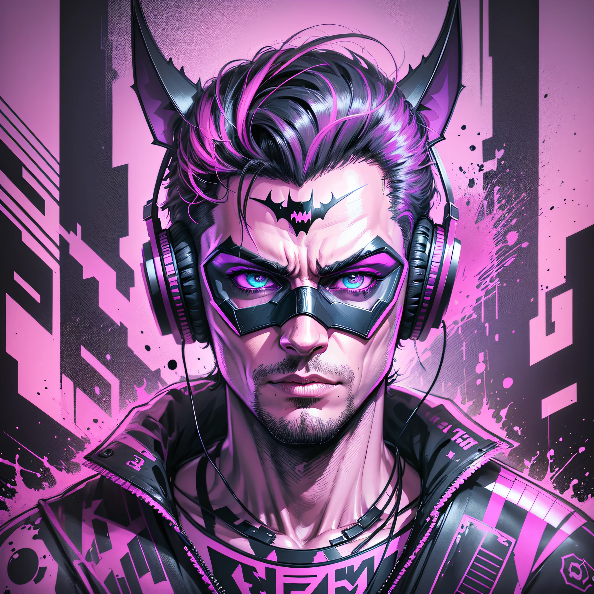 Half-body portrait winner synthwave swpunk style of a bat man DJ batiman style, batman mask, headphones, ink splashes, splatter, outrun, vaporware, shaded flat illustration, digital art, trend in artstation, highly detailed, fine detail, intricate --auto --s2