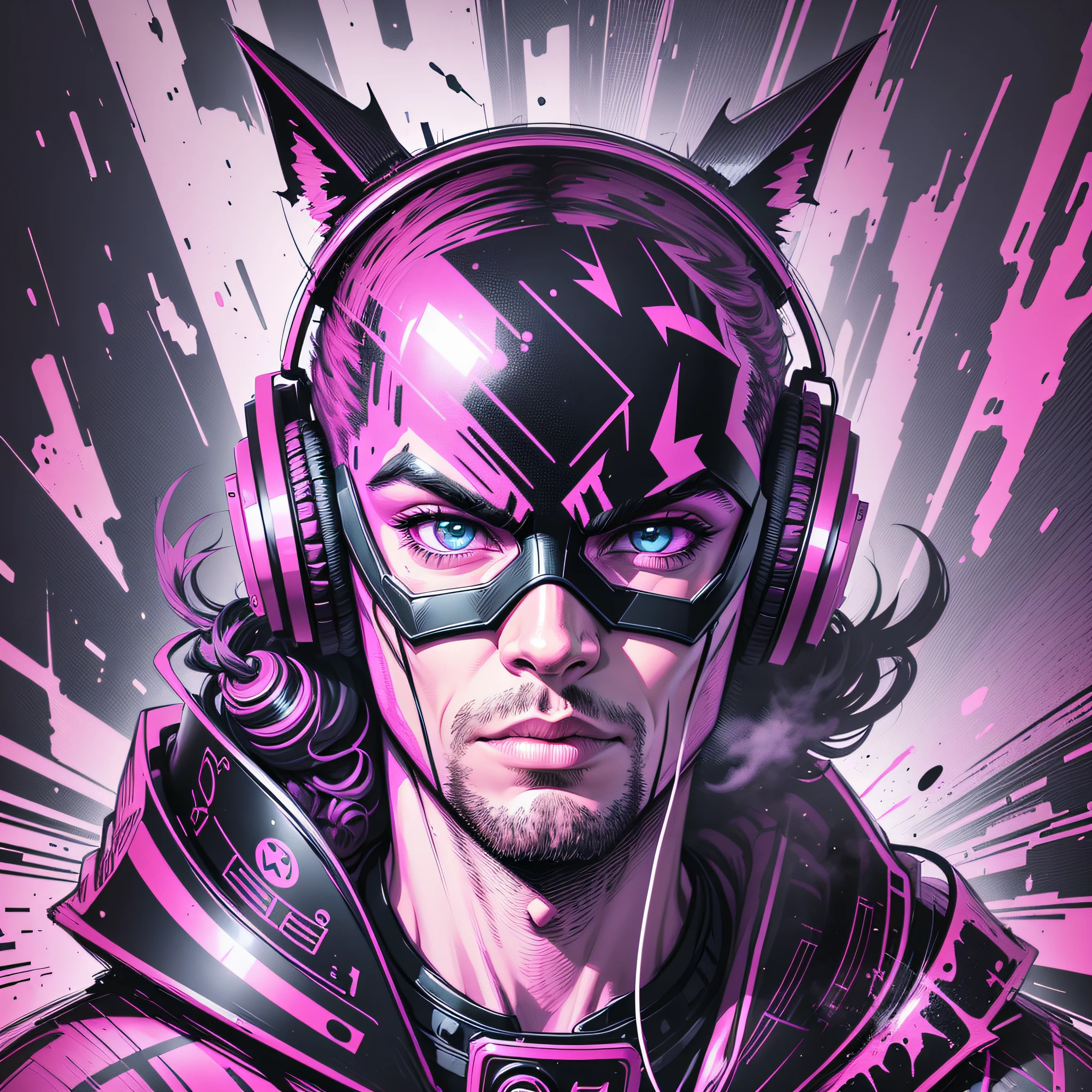 Half-body portrait winner synthwave swpunk style of a bat man DJ batiman style, batman mask, headphones, ink splashes, splatter, outrun, vaporware, shaded flat illustration, digital art, trend in artstation, highly detailed, fine detail, intricate --auto --s2