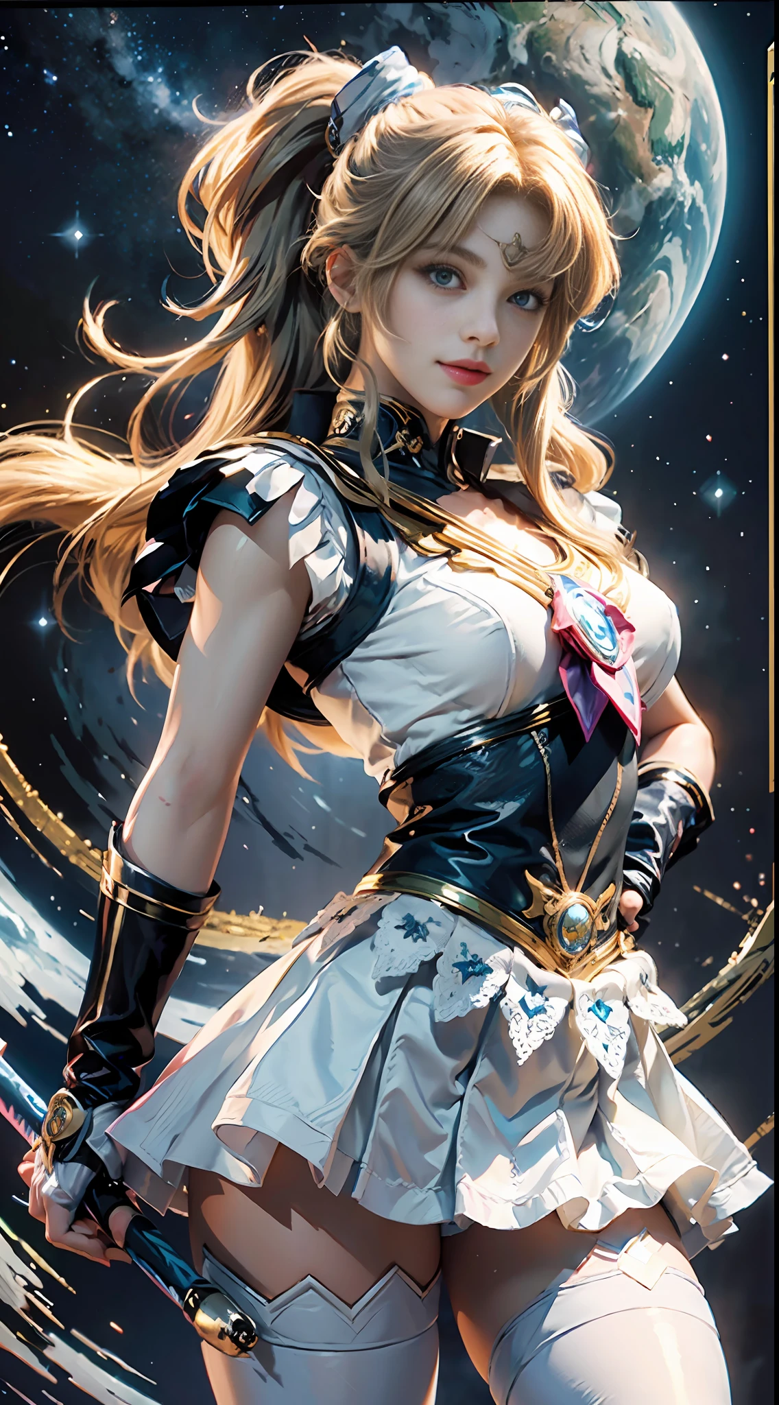 (Extreme detail CG Unity 8K wallpaper, masterpiece, highest quality), (exquisite lighting and shadow, highly dramatic picture, cinematic lens effect), (Sailor Moon: 1.1), charming smile, double tail, blue eyes, blond hair, tight top, white gloves, mini skirt, dynamic pose), the background is the universe (excellent detail, excellent lighting, wide angle), (excellent rendering, enough to stand out in its class),