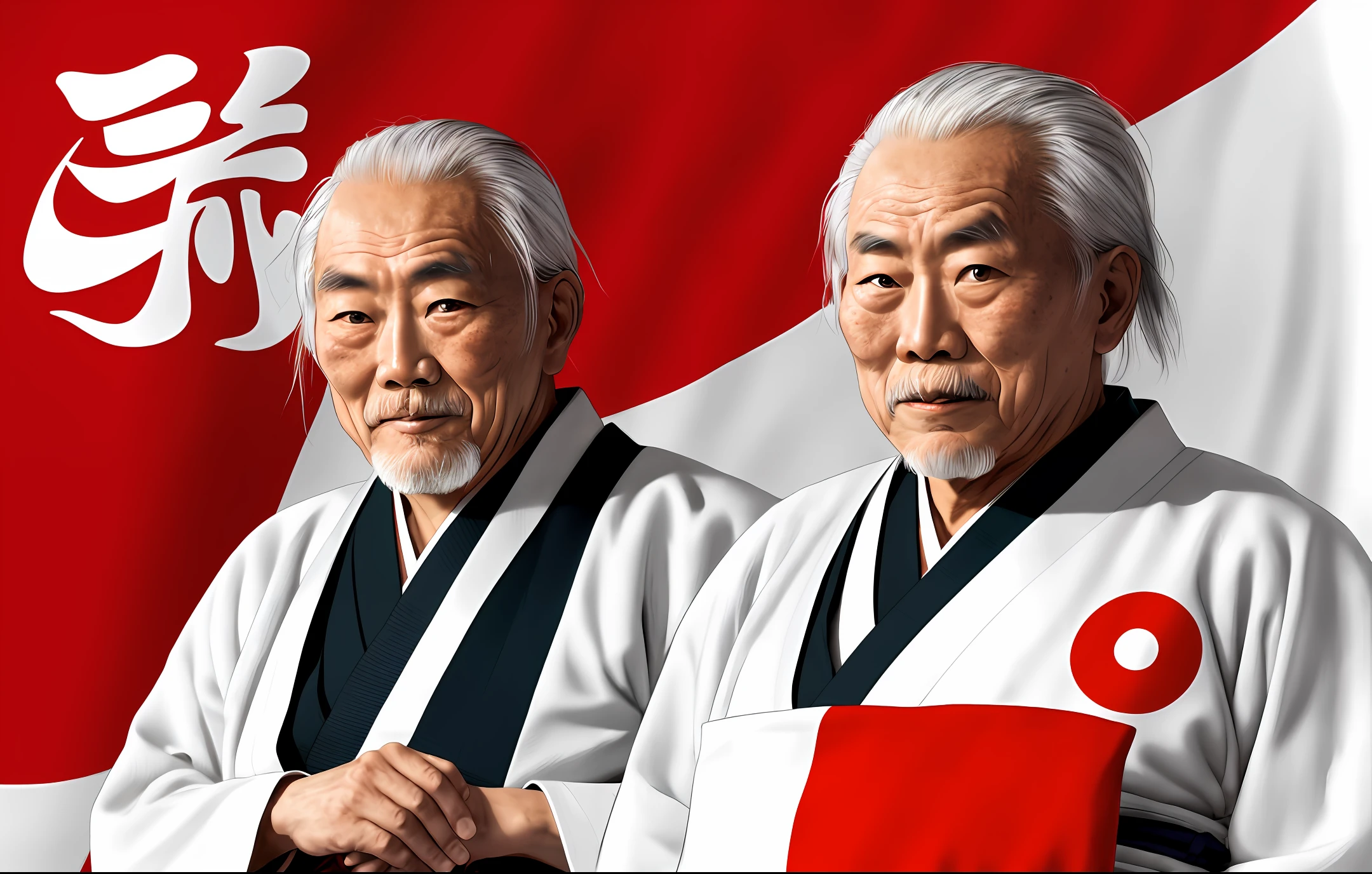 Jigoro kano creator of judo with the flag of Japan in the background and Japanese letters