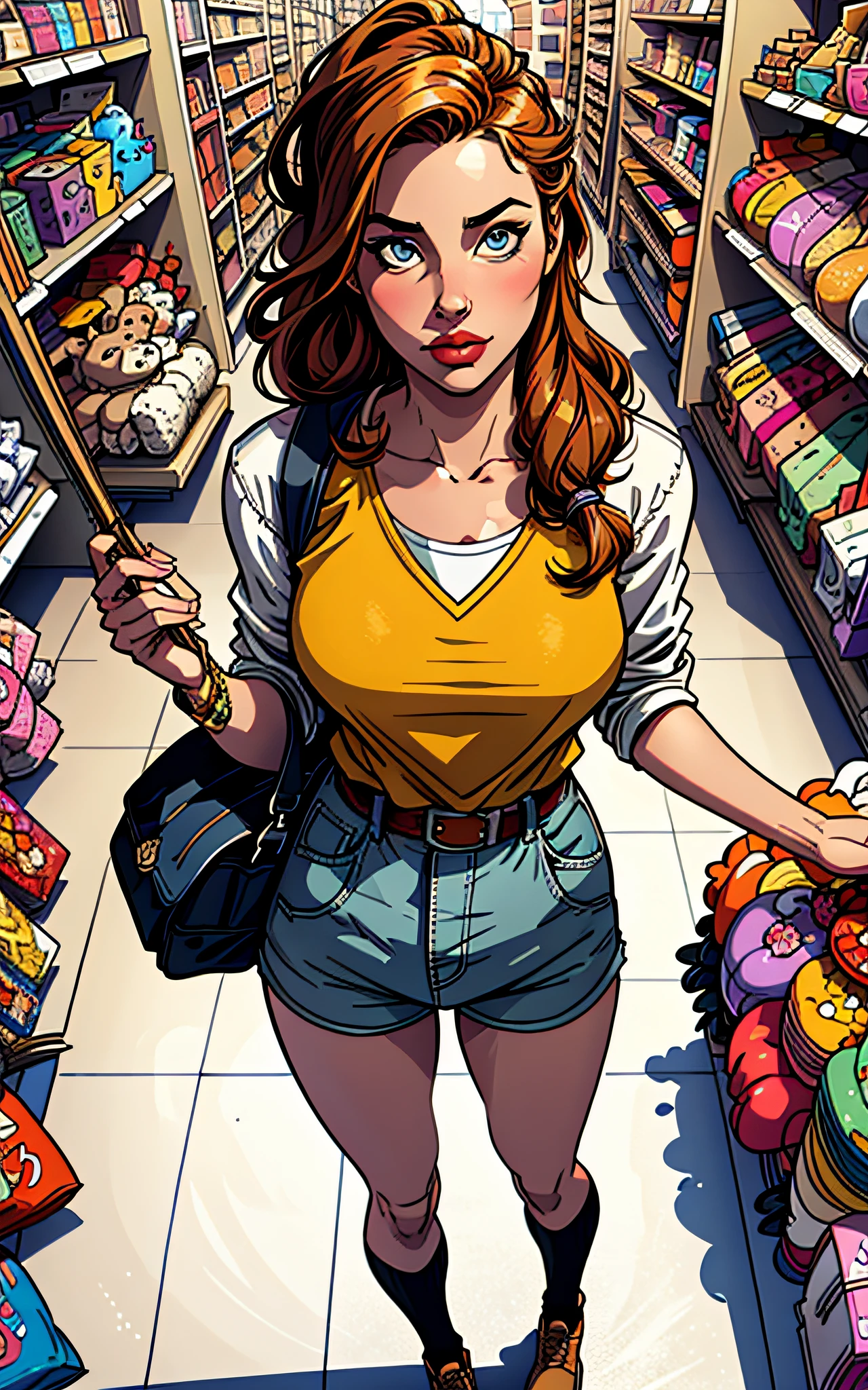 masterpiece, best quality, high detailed, colorful, from above, solo, realistic, girl standing in a store with lots of stuffed animals on the shelves and a bag of stuff, hazel eyes, fisheye lens