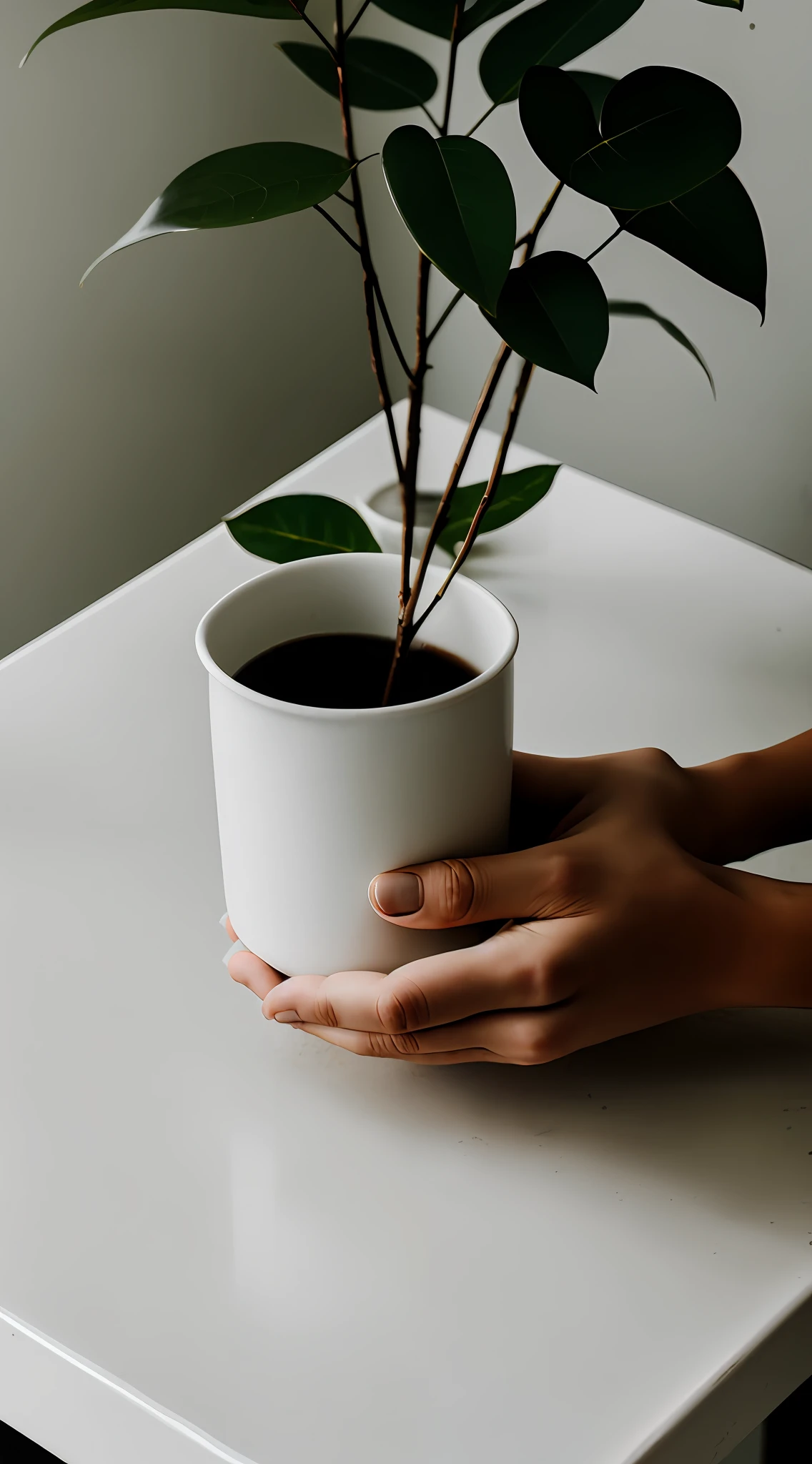 There is a hand holding a cup, on top of a white table, plant jug, book, minimalist, realistic photography