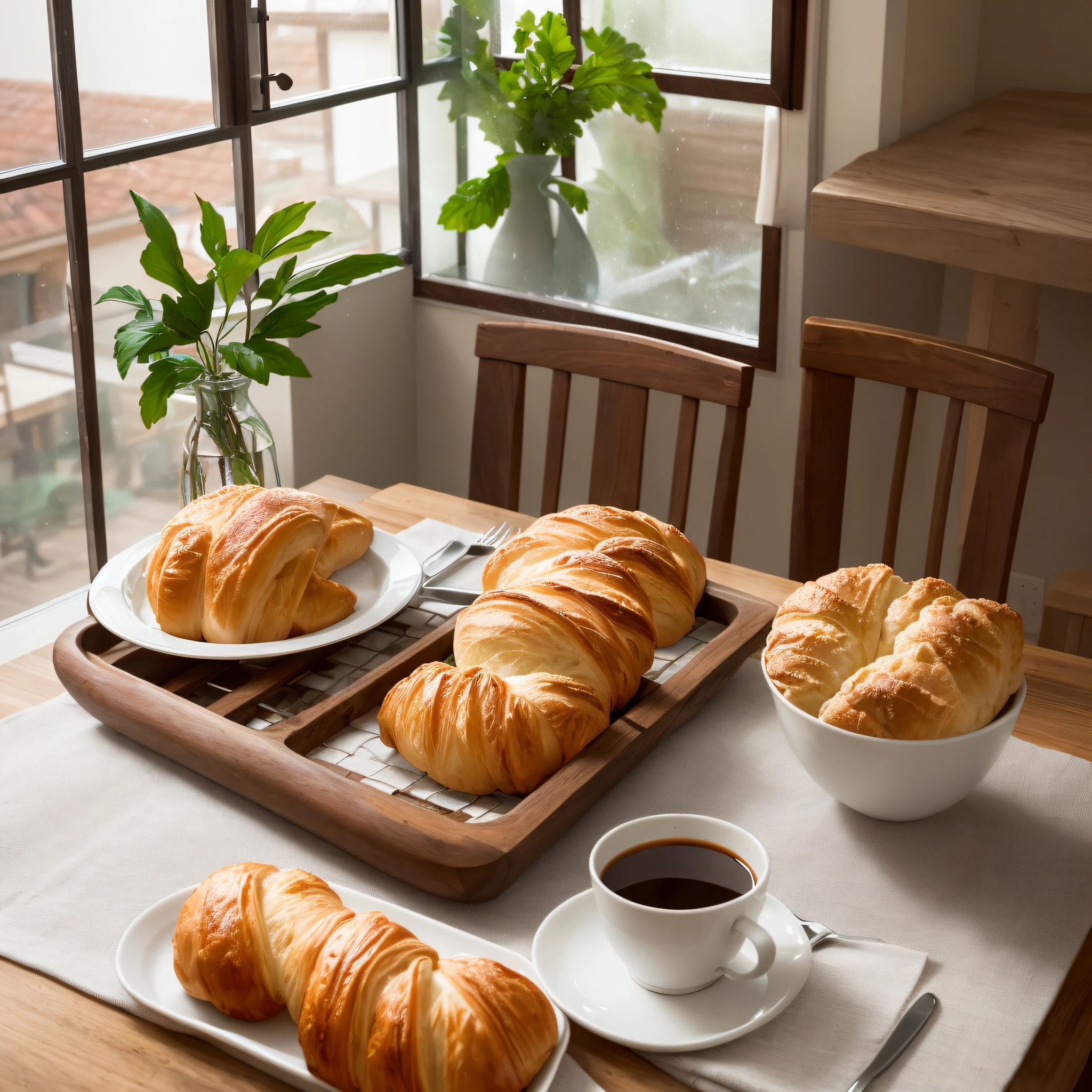 Watercolor, window, backlit, wooden table, red and white lattice tablecloth, a cup of coffee, lots of bread on the table, there are croissants, butter buns, pineapple buns, baguettes, (ultra realistic, realistic and coherent, mixed art, professional food photography, ready to eat, an ultra realistic, looks realistic, a hyper realistic, very very realistic, incredibly realistic, 4k food commercial, very realistic
