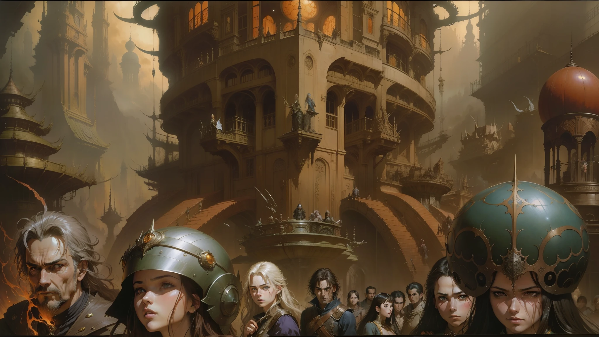 there are many people in the picture, yoshitakka amano karol bak, by Ian Miller, yoshitaka amano greg rutkowski, luis royo and greg rutkowski, peter gric and dan mumford, style of donato giancola, intricate and epic concept art, brian froud juan gimenez --auto --s2