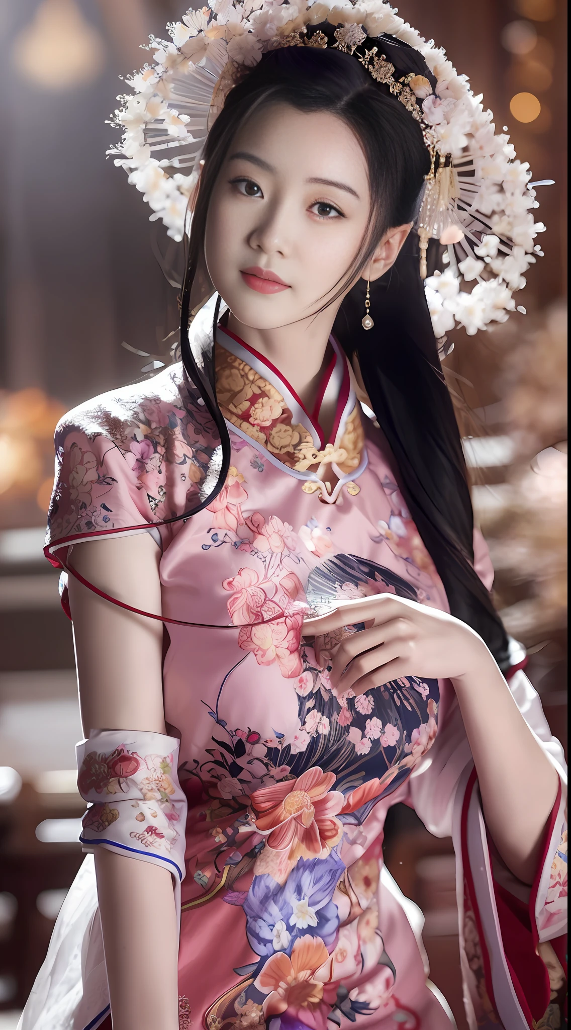 A beautiful woman wearing an embroidered cheongsam, holding a tuan fan (蒲fan) in her hand, looking at you thoughtfully, antique and antique, everyone is beautiful,