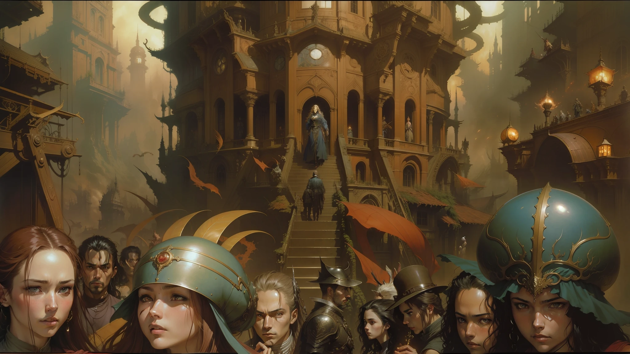 there are many people in the picture, yoshitakka amano karol bak, by Ian Miller, yoshitaka amano greg rutkowski, luis royo and greg rutkowski, peter gric and dan mumford, style of donato giancola, intricate and epic concept art, brian froud juan gimenez --auto --s2
