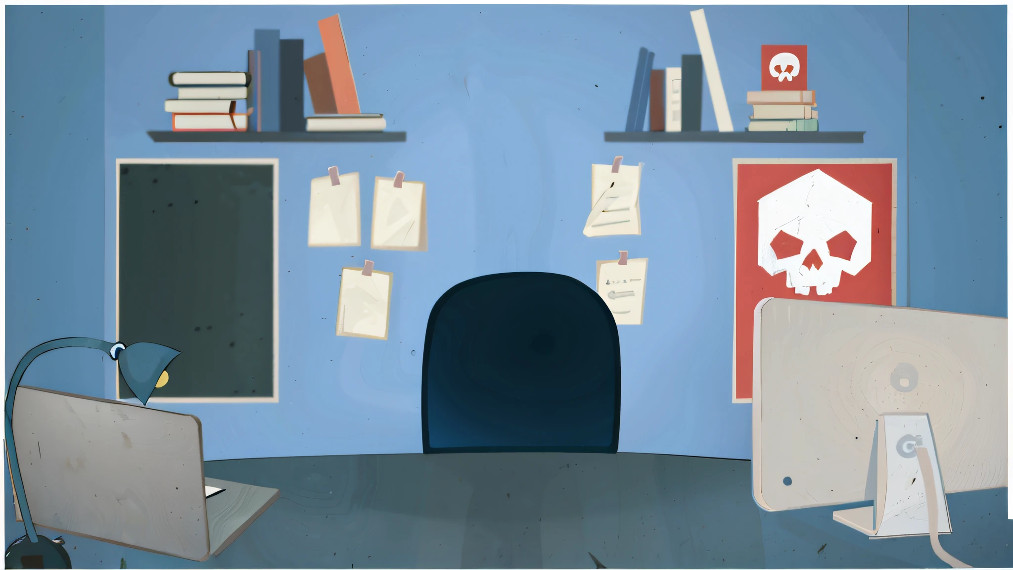 there is a computer desk with a monitor and a skull on the wall, classroom background, office background, library background, backroom background, random background scene, inspired by Emiliano Ponzi, office cubicle background, corner office background, highschool background, classroom, school classroom, personal room background, animation still, videogame still, basic background, cut-scene