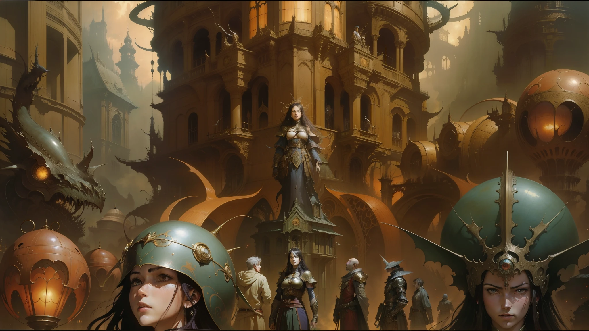 there are many people in the picture, yoshitakka amano karol bak, by Ian Miller, yoshitaka amano greg rutkowski, luis royo and greg rutkowski, peter gric and dan mumford, style of donato giancola, intricate and epic concept art, brian froud juan gimenez --auto --s2