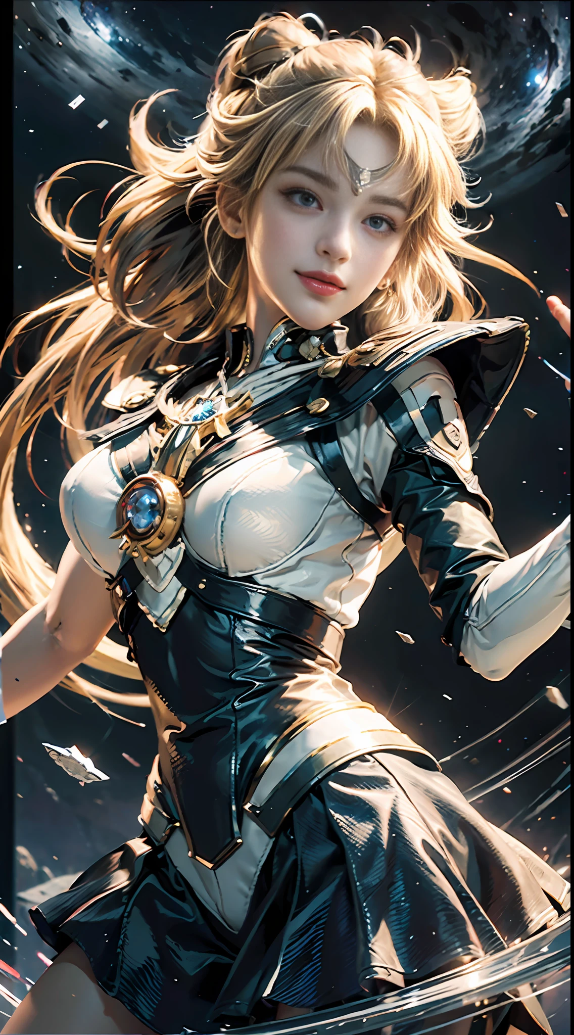(Extreme detail CG Unity 8K wallpaper, masterpiece, highest quality), (exquisite lighting and shadow, highly dramatic picture, cinematic lens effect), (Sailor Moon: 1.1), charming smile, double tail, blue eyes, blond hair, tight top, white gloves, mini skirt, dynamic pose), the background is the universe (excellent detail, excellent lighting, wide angle), (excellent rendering, enough to stand out in its class),
