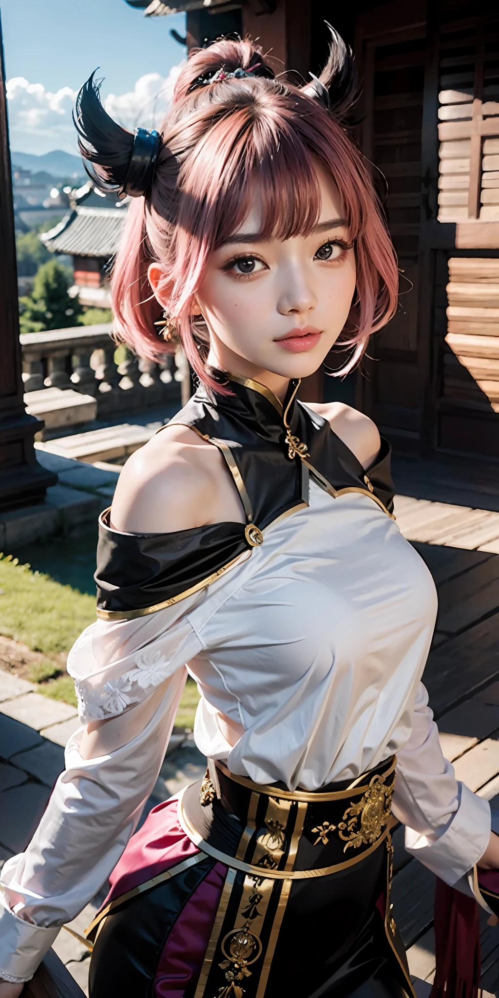 Yae Miko, Genshin Impact, castle background, palace, 龙珠人造人18号, masterpiece, best quality, ultra-detailed, illustration,(1girl),beautiful detailed eyes, looking at viewer, close up, (breast focus), (arms behind back:1.2), (from above:1.1), pink hair, huge breasts, (off shoulder:1.1), underwear,