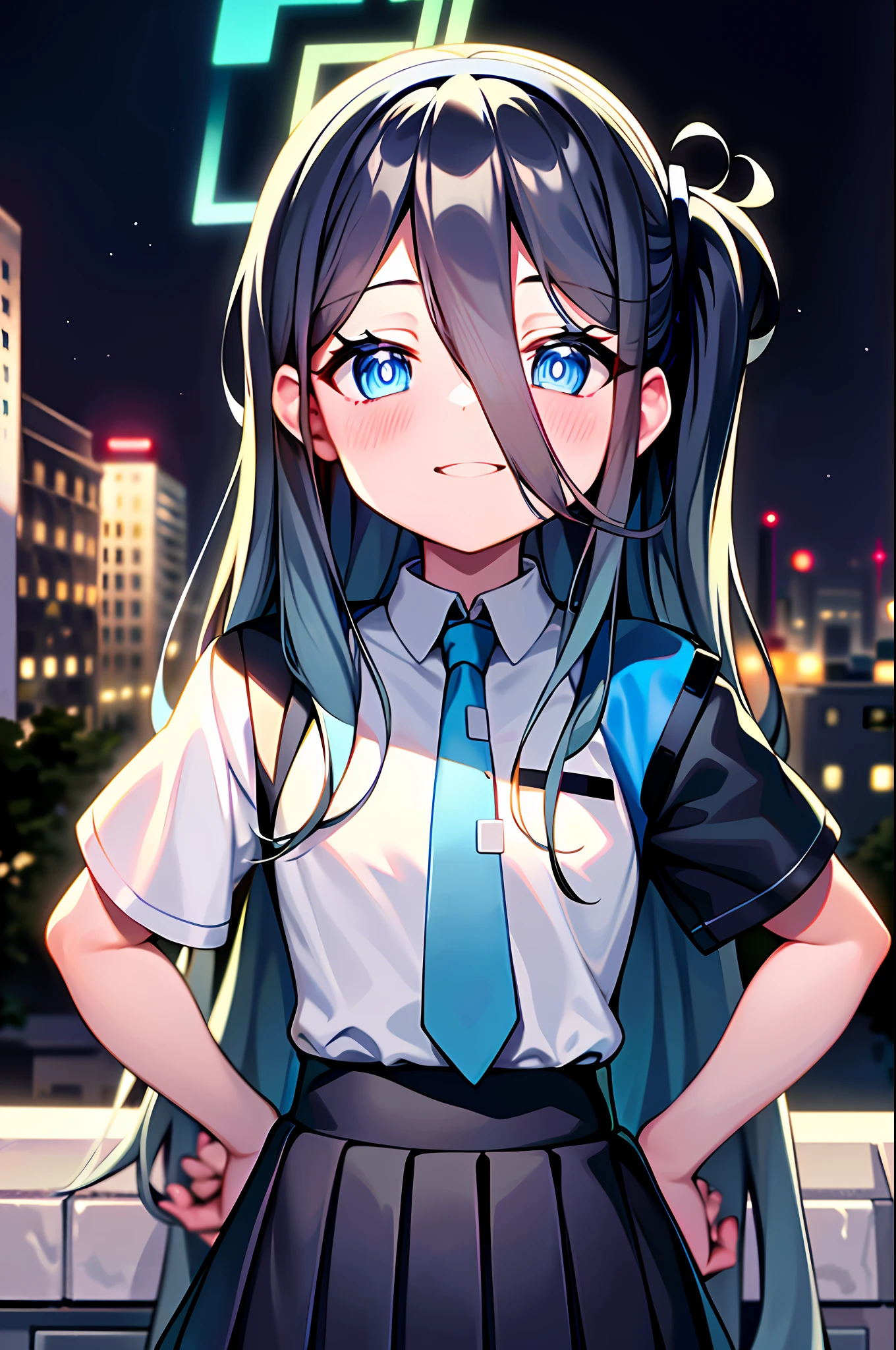 (pureerosface_v1:0.66), best quality, ultra high definition, (photorealistic: 1.4), 1 girl, fine eyes, dark eye makeup, slim waist, blush, K-pop idol, (charm: 1.0), fine eye makeup, puffy eyes, solo, perfect ???????, (big), (slender), (black hair: 1), (watch viewer). (original_alice), (light blue tie), (marine blue eyes), (zhuo),(alice_halo:0.7),(blue halo),(smile),(happy),(pigtails),(long hair),(long bangs),(blue archive),(black hair band),(long coat),(school uniform),(white long-sleeved shirt),(pleated skirt),(navy blue skirt),( bare feet),nsfw,depth of field,facial detail,skin luster,beautiful eyes,dark eye makeup,slim waist,blush,fine eye makeup,solo,perfect ???????. (((night view))). (((put your hands on your hips))).