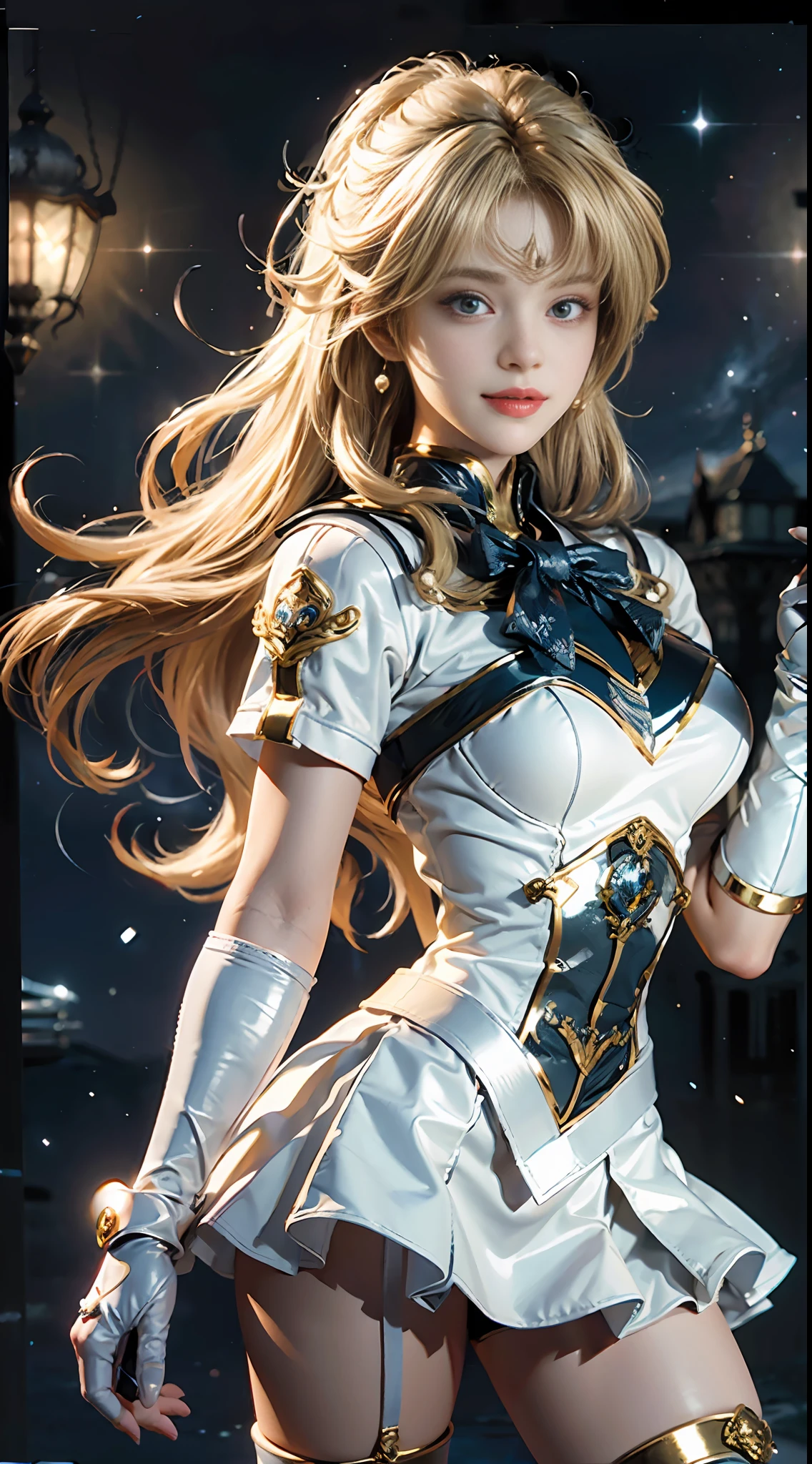 (Extreme detail CG Unity 8K wallpaper, masterpiece, highest quality), (exquisite lighting and shadow, highly dramatic picture, cinematic lens effect), (Sailor Moon: 1.1), charming smile, double tail, blue eyes, blond hair, tight top, white gloves, mini skirt, dynamic pose), the background is the universe (excellent detail, excellent lighting, wide angle), (excellent rendering, enough to stand out in its class),