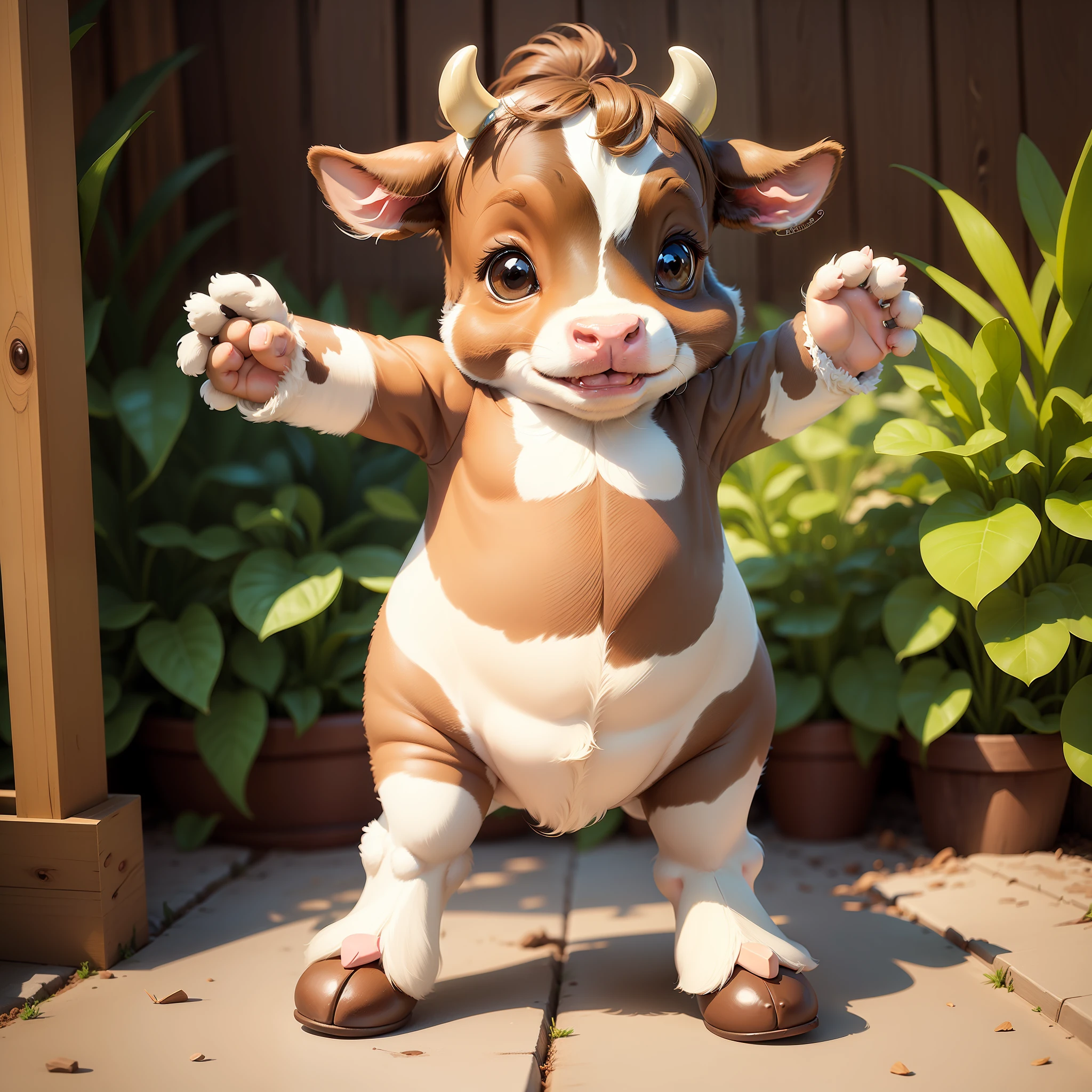 (a small brown and white cow), (cute and adorable), happy, standing, Disney style