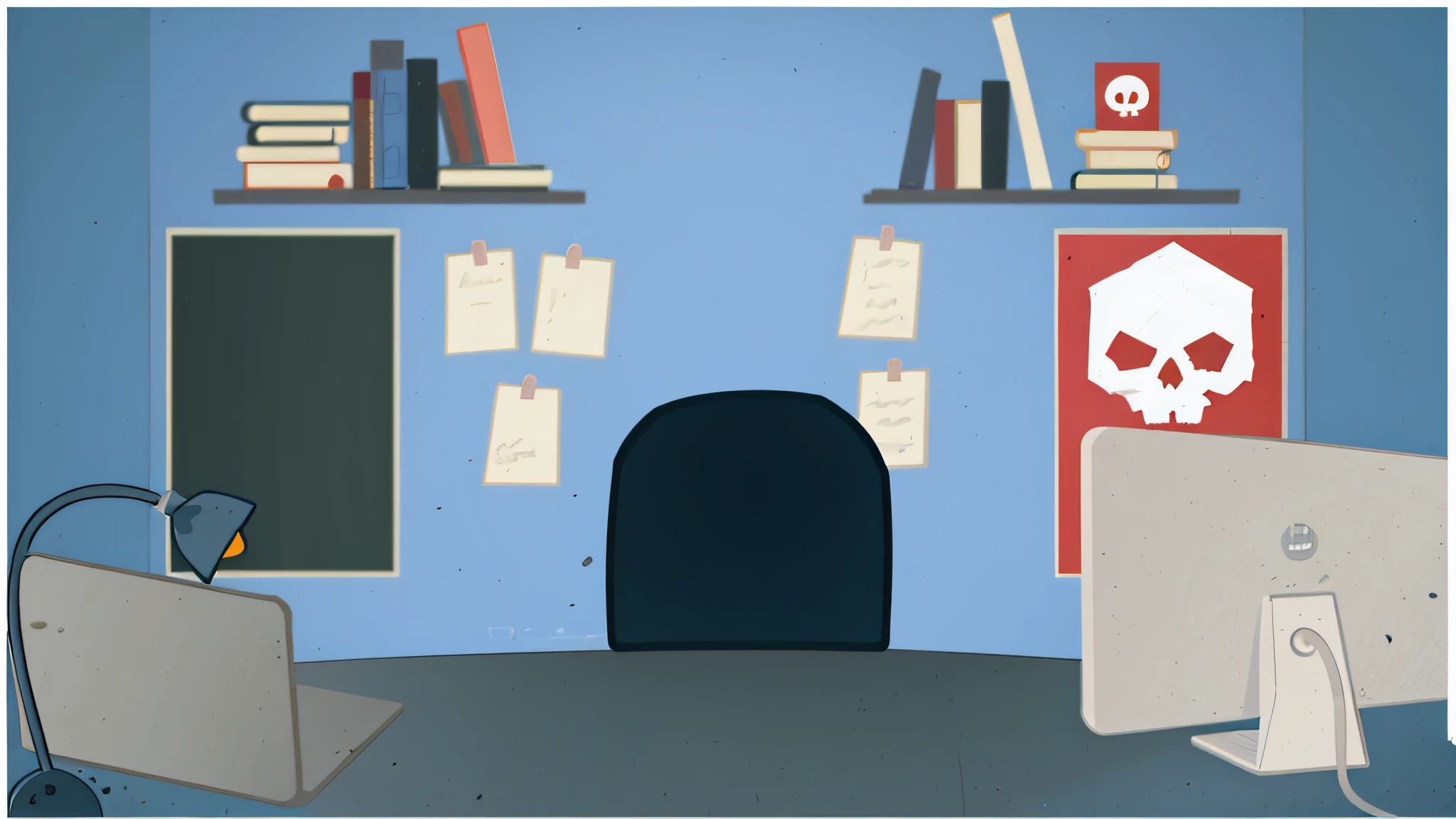 there is a computer desk with a monitor and a skull on the wall, classroom background, office background, library background, backroom background, random background scene, inspired by Emiliano Ponzi, office cubicle background, corner office background, highschool background, classroom, school classroom, personal room background, animation still, videogame still, basic background, cut-scene
