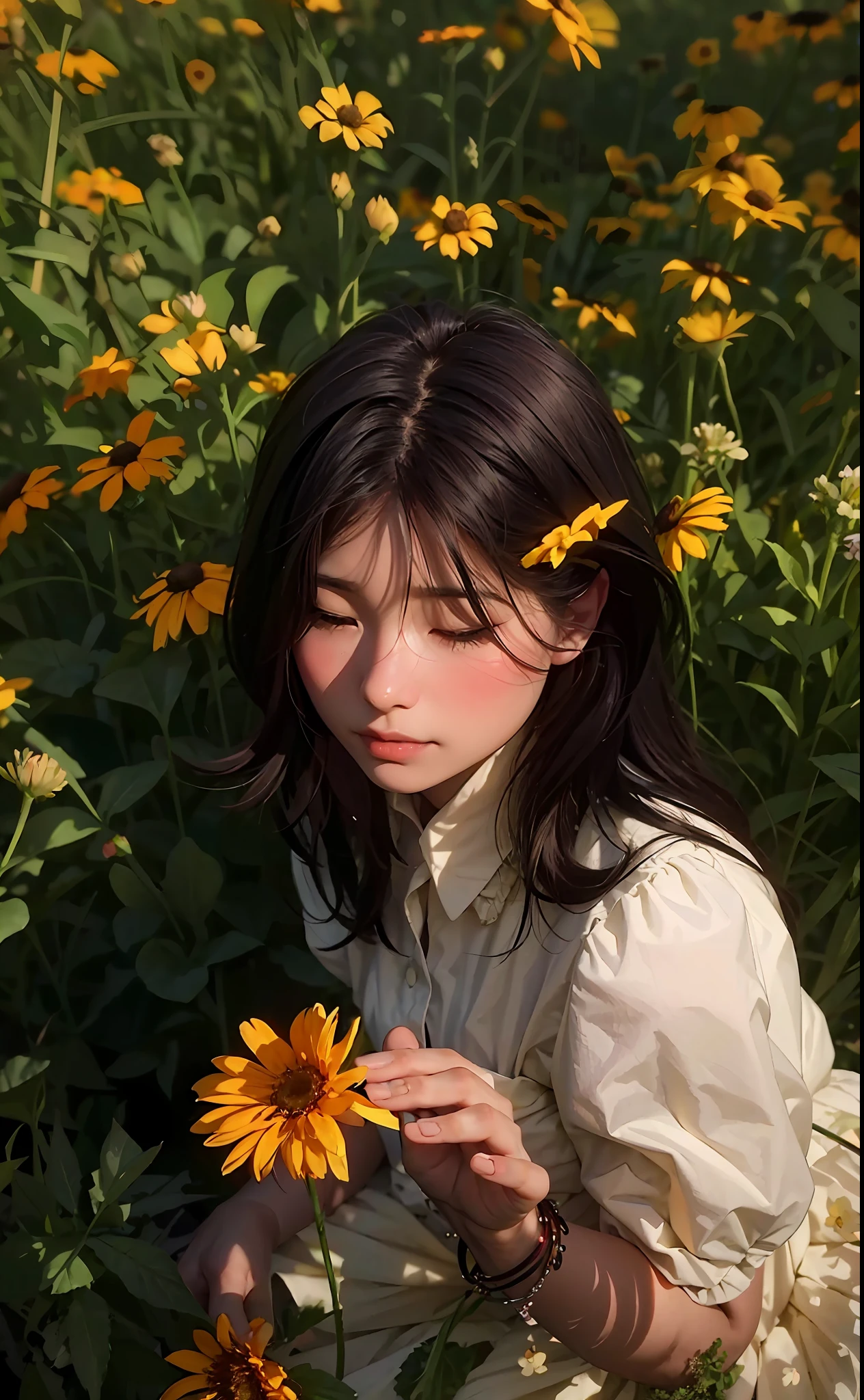 arafed woman in a field of flowers smelling a flower, lofi girl aesthetic, with yellow flowers around it, infp young woman, girl with a flower head, an aesthetic field of flowers, flower in hair, floeers in hair, flower in her hair, girl in a flower field, wavy hair yellow theme, girl frontal in a flower field --auto --s2