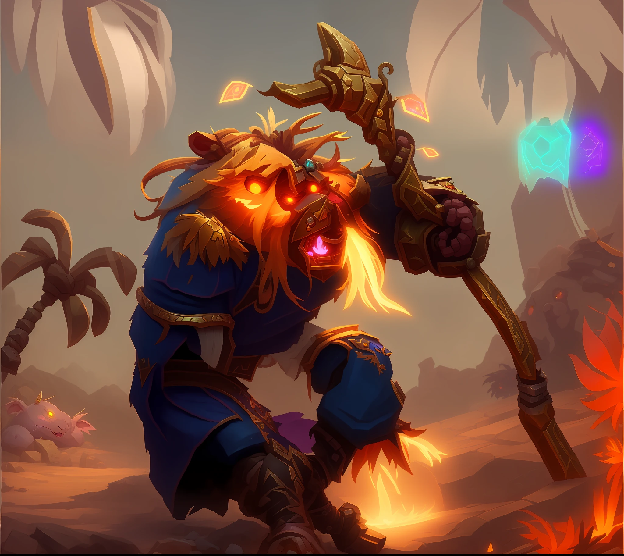 A close-up of a cartoon character, Minotaur, Blizzard Hearthstone concept art, Hearthstone concept art, World of Warcraft art style, anthropomorphic mage piglet, fantasy Hearthstone art style, mage, magic, staff
