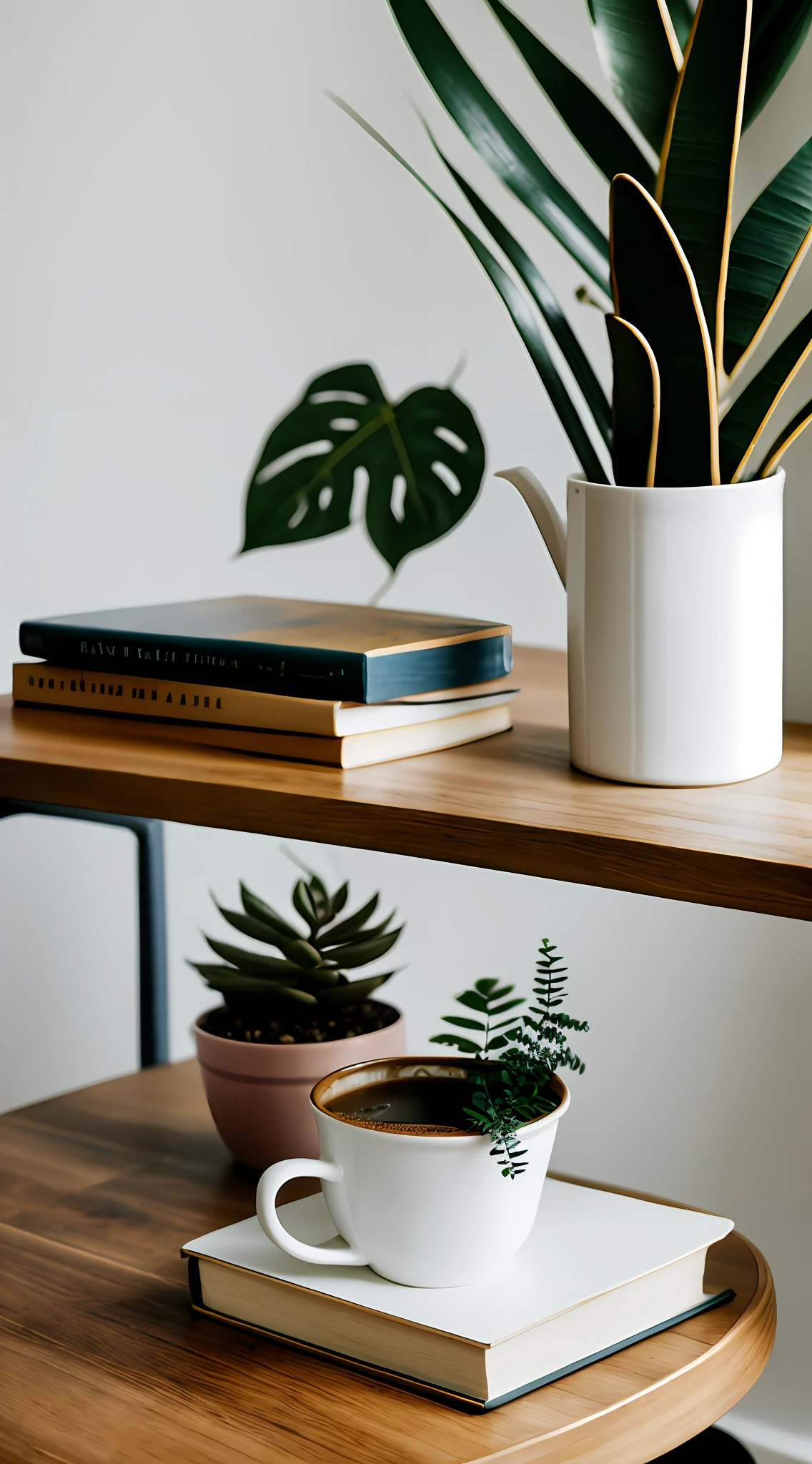 There is a cup of coffee, on top of a white table, plant jug, book, minimalist, realistic photography