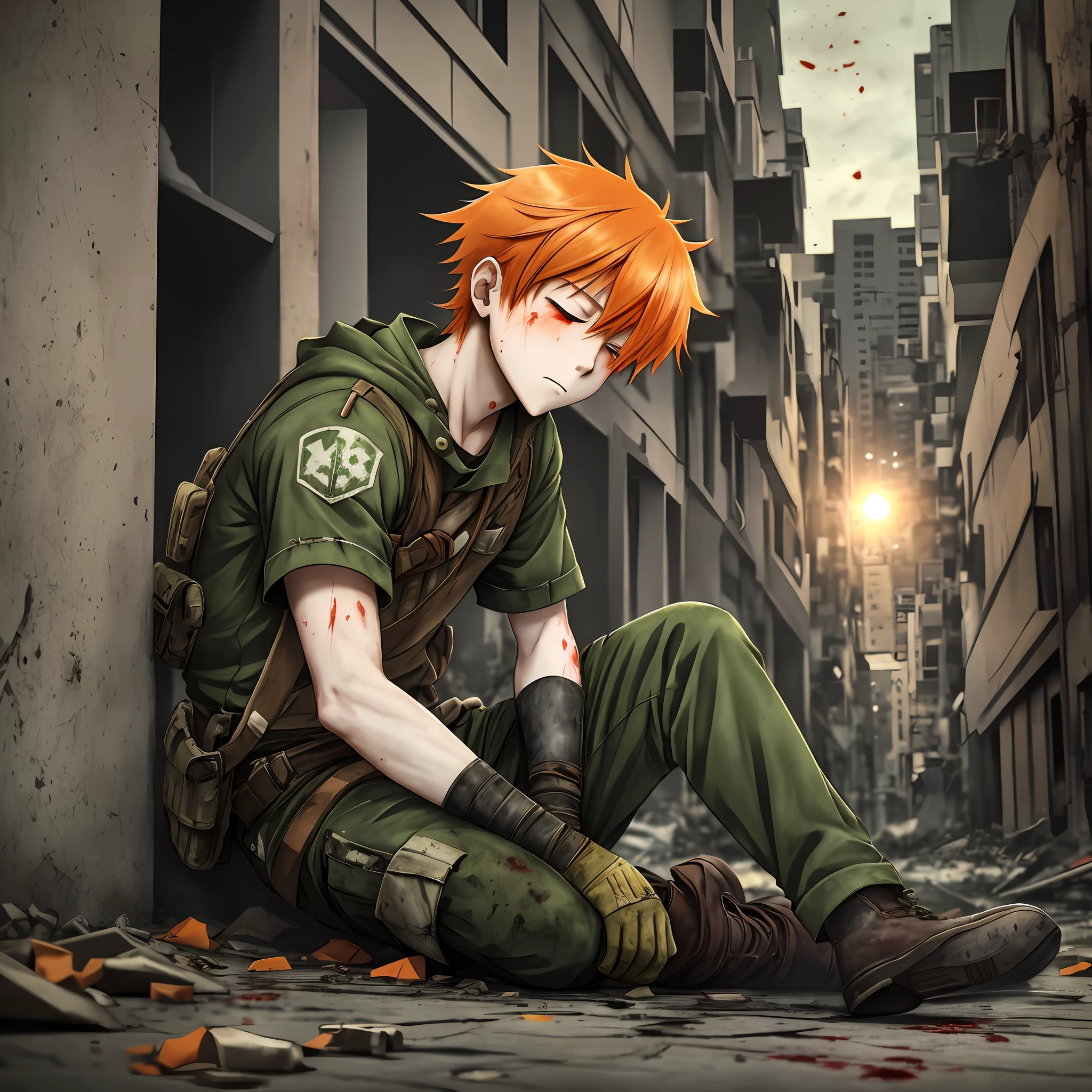 A boy, orange hair, eyes green, bruised on the ground, suicide, blood, anime, war, chaos, anime version, eyes closed, dead, blood on the floor and clothing, cartoon, detailed, dark lighting, falling from the building, just one person, blood on the ground, falling