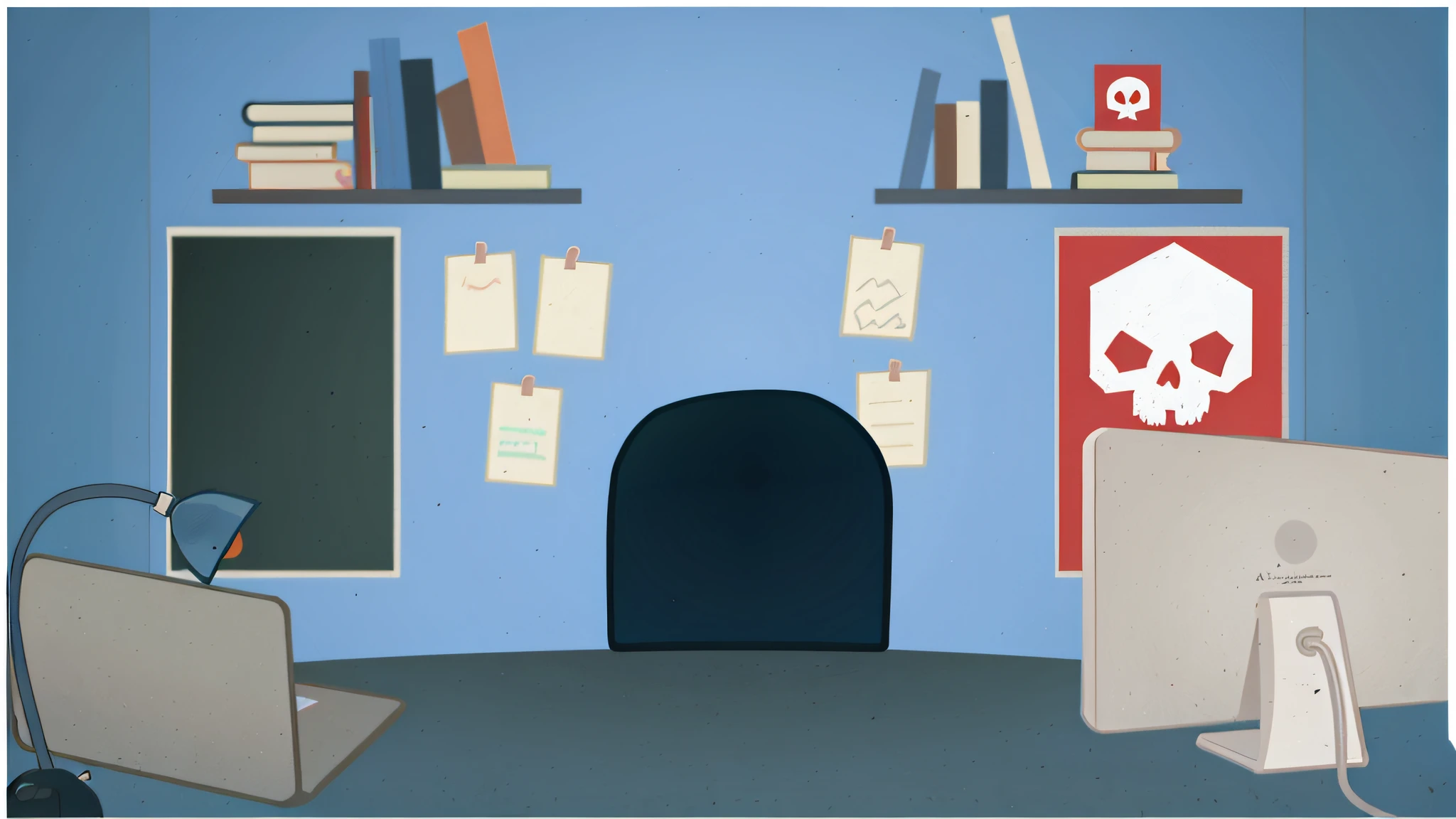 there is a computer desk with a monitor and a skull on the wall, classroom background, office background, library background, backroom background, random background scene, inspired by Emiliano Ponzi, office cubicle background, corner office background, highschool background, classroom, school classroom, personal room background, animation still, videogame still, basic background, cut-scene