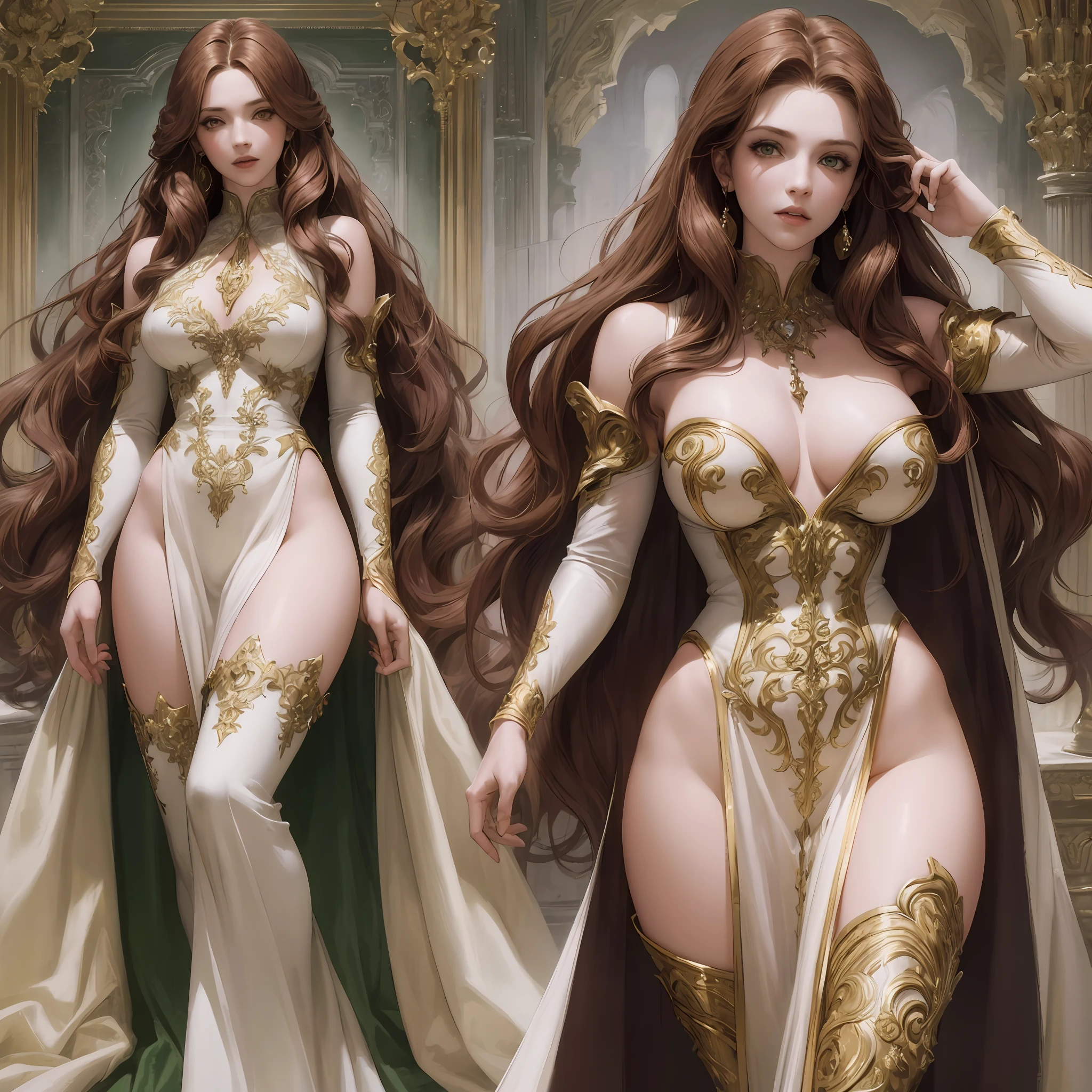 (( Realistic, high resolution )) 1 girl, 20 years or older, long hair, reddish brown hair, white locks make up the hair, realistic, full body, dynamic pose, heroine, vampire character, vampire hero, green detailed eyes, large breasts, she is facing the audience, detailed arms and hands, anatomy of the arms and hands, green jumpsuit with yellow stripes, bands on the sides, fair, big breasts, neckline, long legs, camel's fingers, reddish brown hair, white locks make up the hair, vampire character, marvel, (( HD, masterpiece, best quality, high_resolution, finely detailed, extremely detailed and beautiful, distinct_image )) --auto --s2