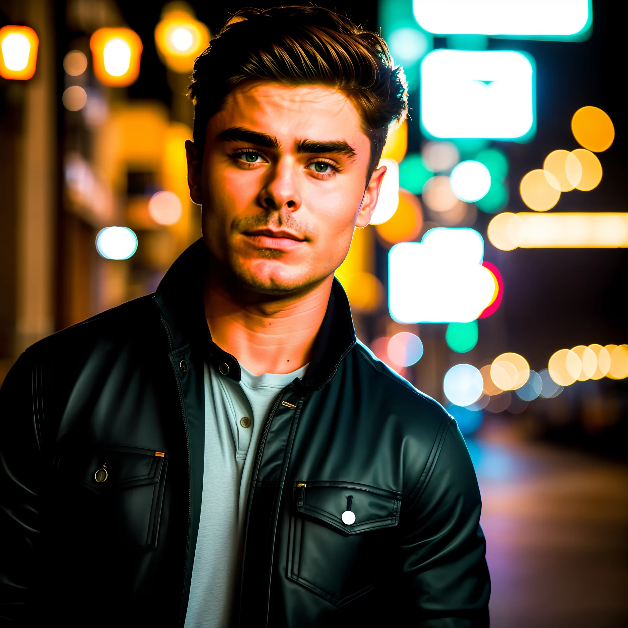 RAW photo, a portrait photo of a 25-year-old zac efron in casual wear, night, city street (very detailed skin: 1.2), 8k uhd, dslr, soft lighting, high quality, film grain, Fujifilm XT3