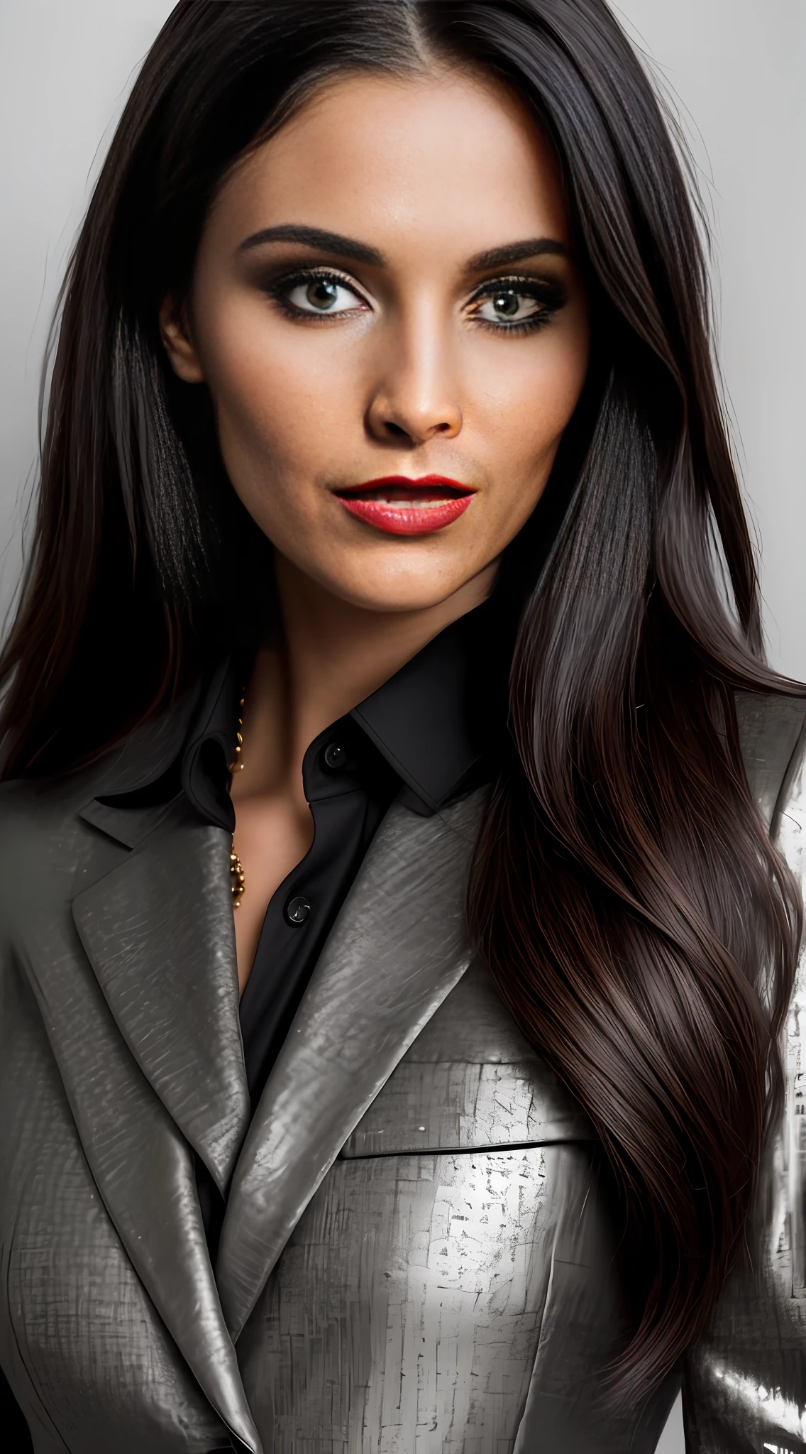 Complete dark and gloomy image, 8K, photo of a 30-year-old brunette Brazilian businesswoman, 1 m and 70 cm tall, 70 kg, with dark straight black background in the background, (realistic hair cut Chanel dark brown straight on the shoulder) , makeup, red lips, dark eyes, (wearing black chanel tailored blazer closed and black straight tailoring pants, closed clothes), elegant golden jewelry, frontal vision, looking very serious to the viewer, hyper realistic,{a girl with extremely beautiful olive skin}, (highly detailed skin: 1.2) {{{masterpiece}}}, realistic texture, dynamic composition, Fujifilm XT2, 85mm F1.2, shutter speed 1/80, (bokeh), high contrast complete this image