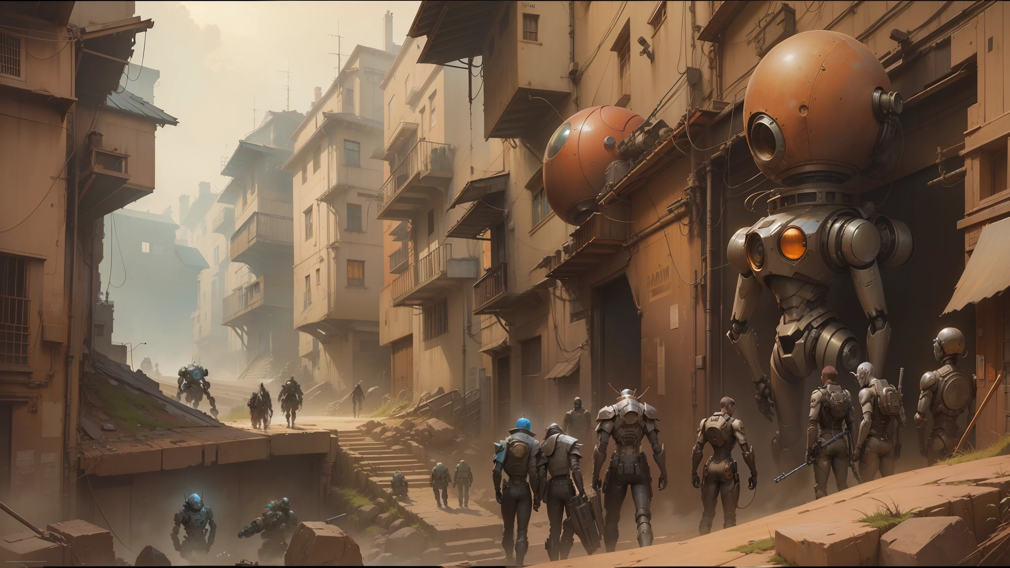 there are many robots that are standing in a narrow alley, lucasfilm jesper ejsing, peter gric and dan mumford, greg rutkowski and craig mullins, craig mullins and greg rutkowski, greg rutkowski and krenz cushart, greg rutkowski and james gurney, stunning sci-fi concept art, style of john harris --auto --s2