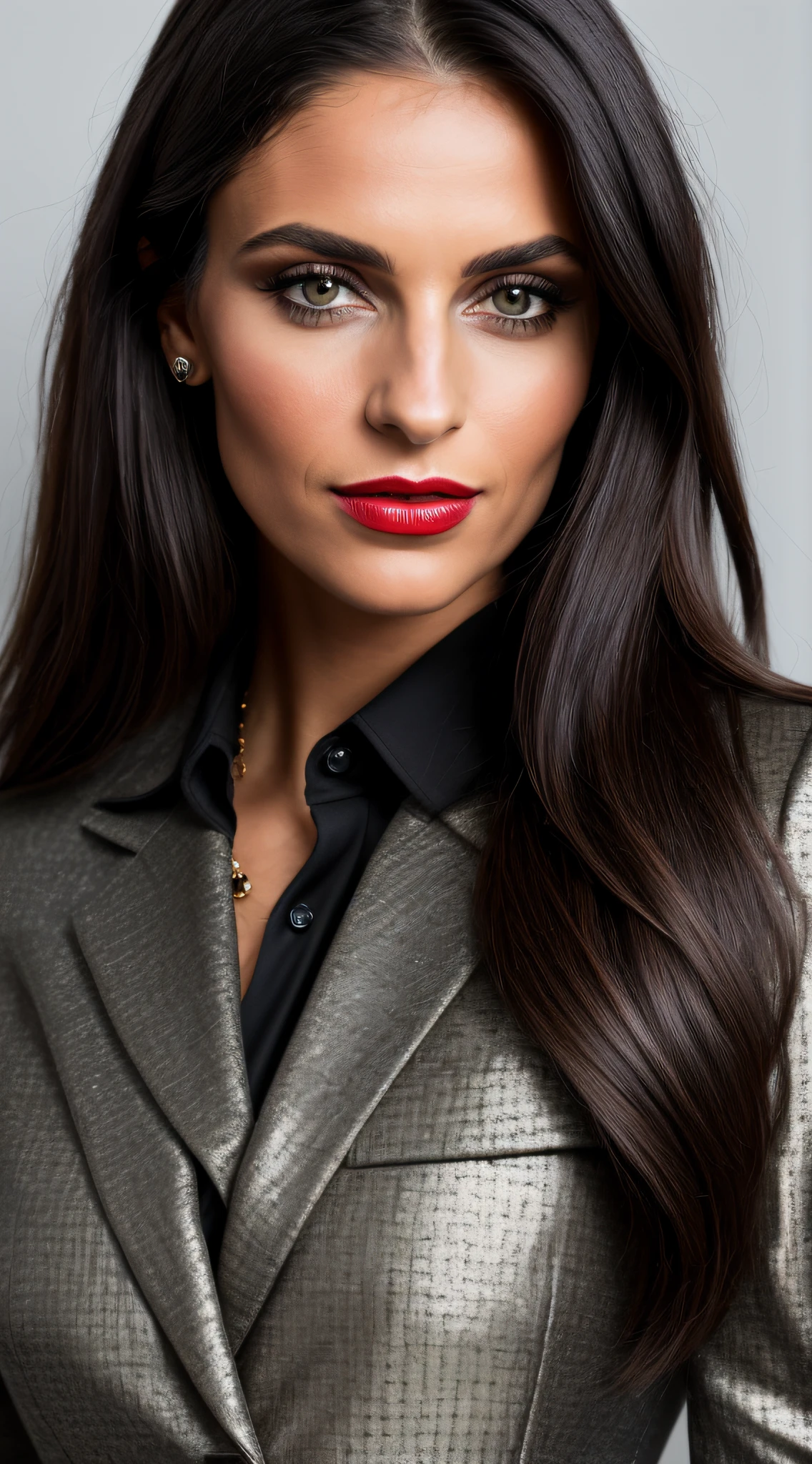 dark and gloomy, 8k, photo of a 30-year-old brunette Brazilian businesswoman, 1 m and 70 cm tall, 70 kg, with dark straight black background in the background, (realistic Chanel cut dark brown straight shoulder hair) , makeup, red lips, dark eyes, (wearing Chanel black tailored blazer closed and black straight tailoring pants, closed clothes), elegant golden jewelry, frontal vision, looking very serious to the viewer, hyper realistic,{a girl with extremely beautiful olive skin}, (highly detailed skin: 1.2) {{{masterpiece}}}, realistic texture, dynamic composition, Fujifilm XT2, 85mm F1.2, shutter speed 1/80, (bokeh), high contrast complete this image