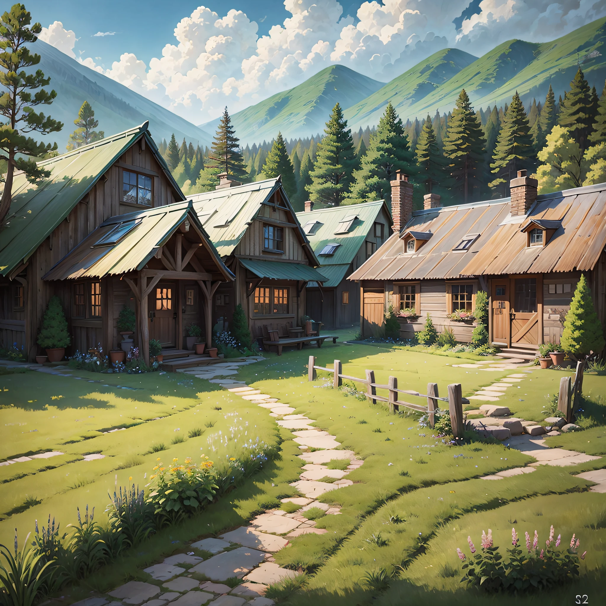 detailed realistic anime illustration of a cozy rustic village in a grand meadow --auto --s2