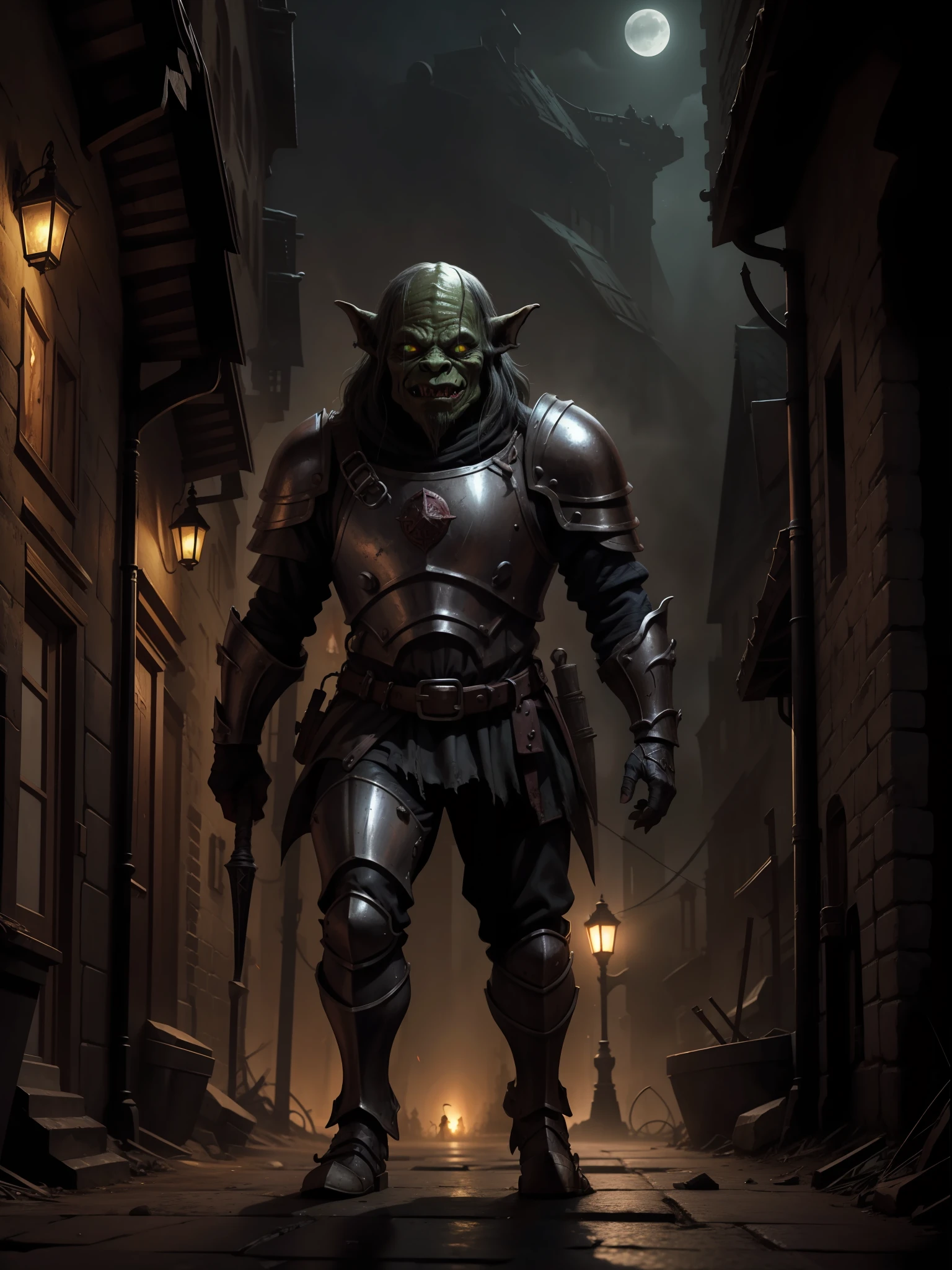 A medieval goblin, with deformed body and dirty metal armor, in a medieval city, night, dark environment, darkness, fog, dirty with blood