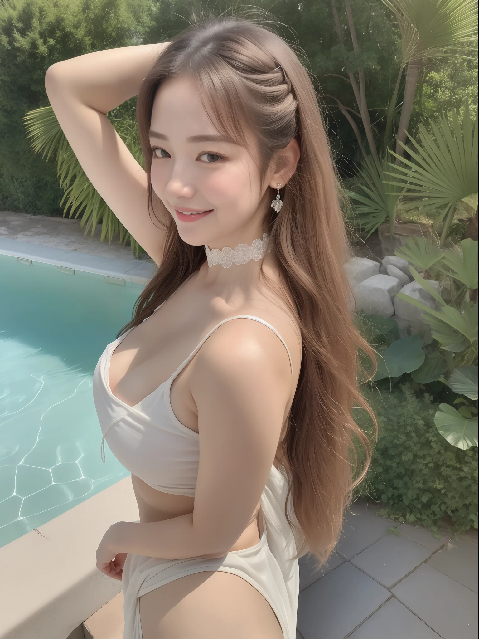 (realistic, film grain, masterpiece:1.47), photo of 22 y.o girl in a silverlightgreen(loose camisole), half nude, (Kpop idol), (aegyo sal:1), (medium breasts), ((puffy areolae)), Bare Shoulders, cleavage, nsfw, ((puffy eyes)), [Hands hidden behind the back:1.25], earrings, lace choker, outdoors, bath view, narrow Waist, solo, [sfw], (upper body), close-up, smiling, cute, best quality,