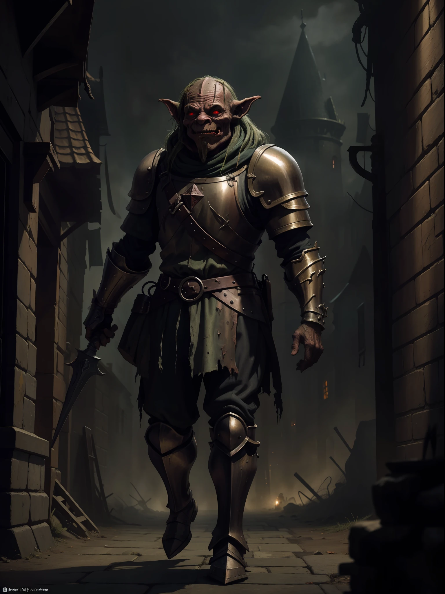 A medieval goblin, with deformed body and dirty metal armor, in a medieval city, night, dark environment, darkness, fog, dirty with blood