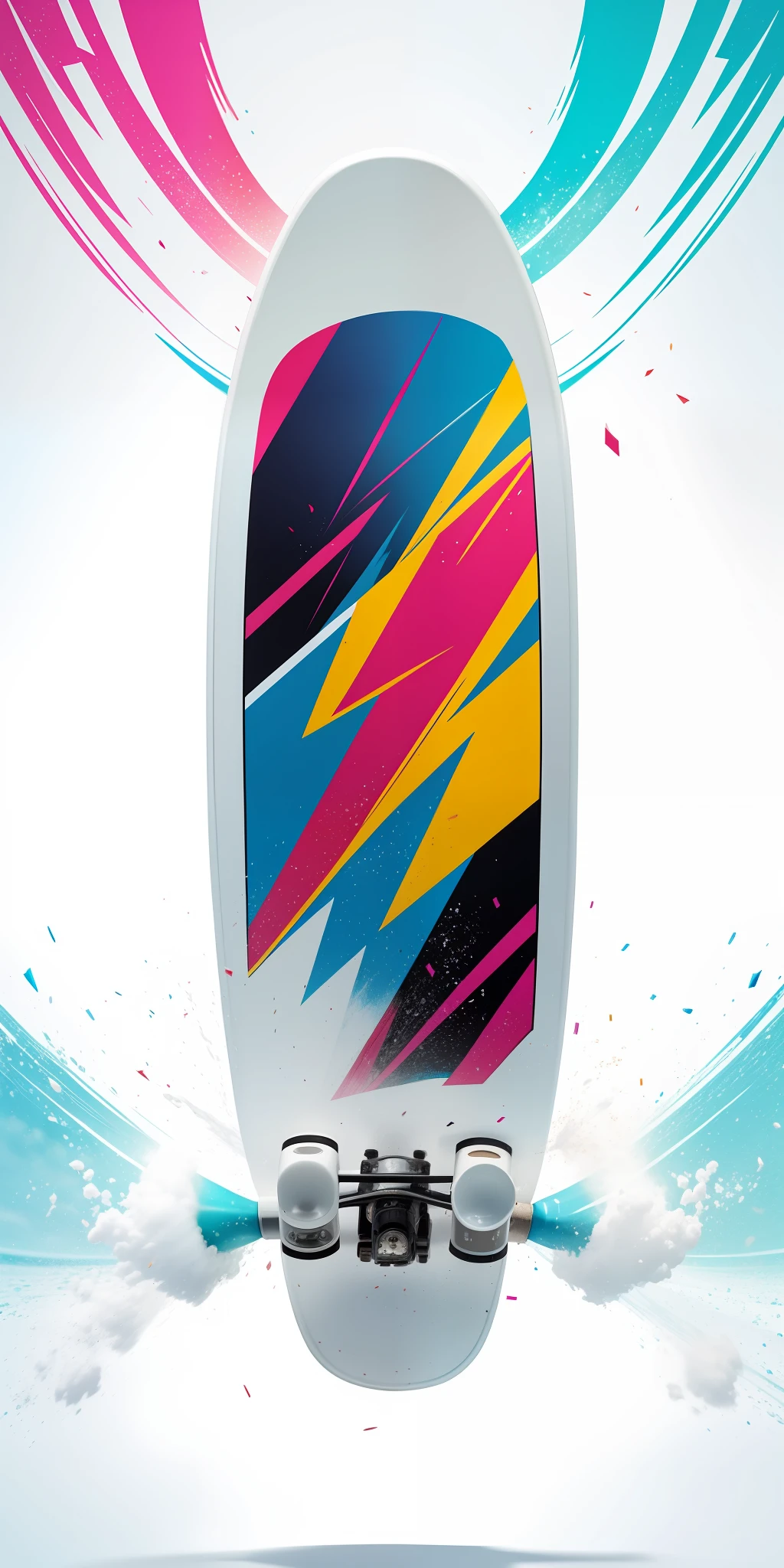 advertising poster macro lens somersault flip sled colored powder explosion white background longboard merge into lens macro