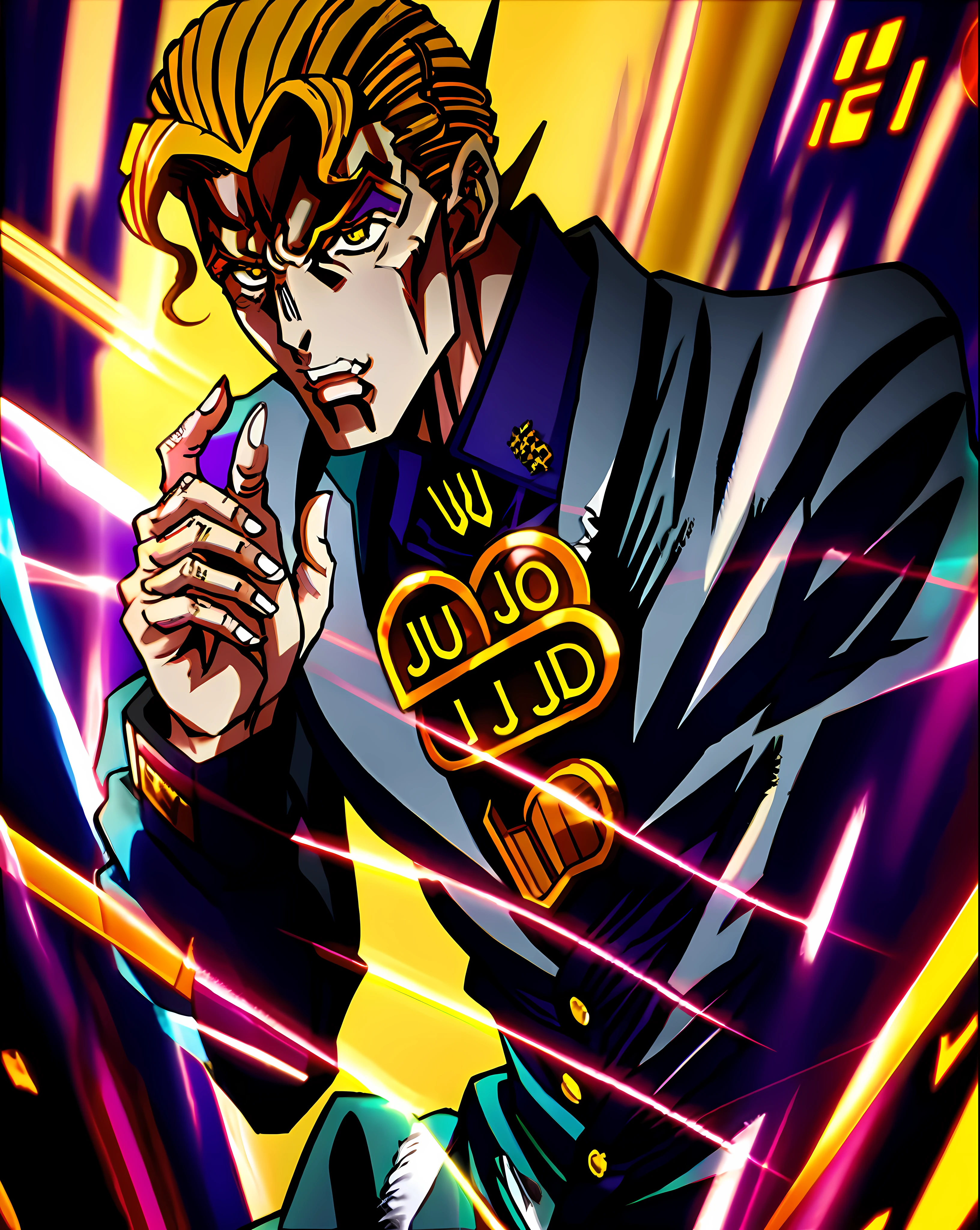 Dio bland in the sky, jojo, anime, close up, old vhs, (perfect guy), evil, evil aura, dark, vampire