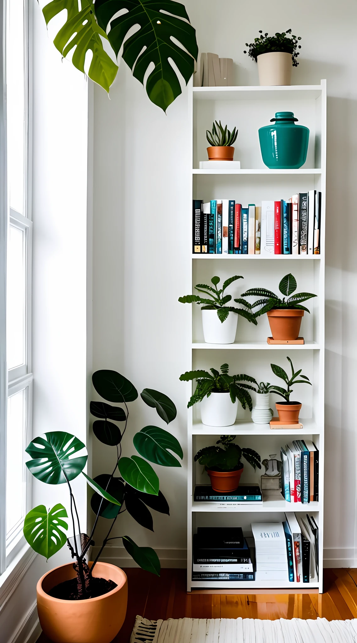 white table, plant jug, bookshelf, minimalist, realistic photography, bedroom, plants, brain statue