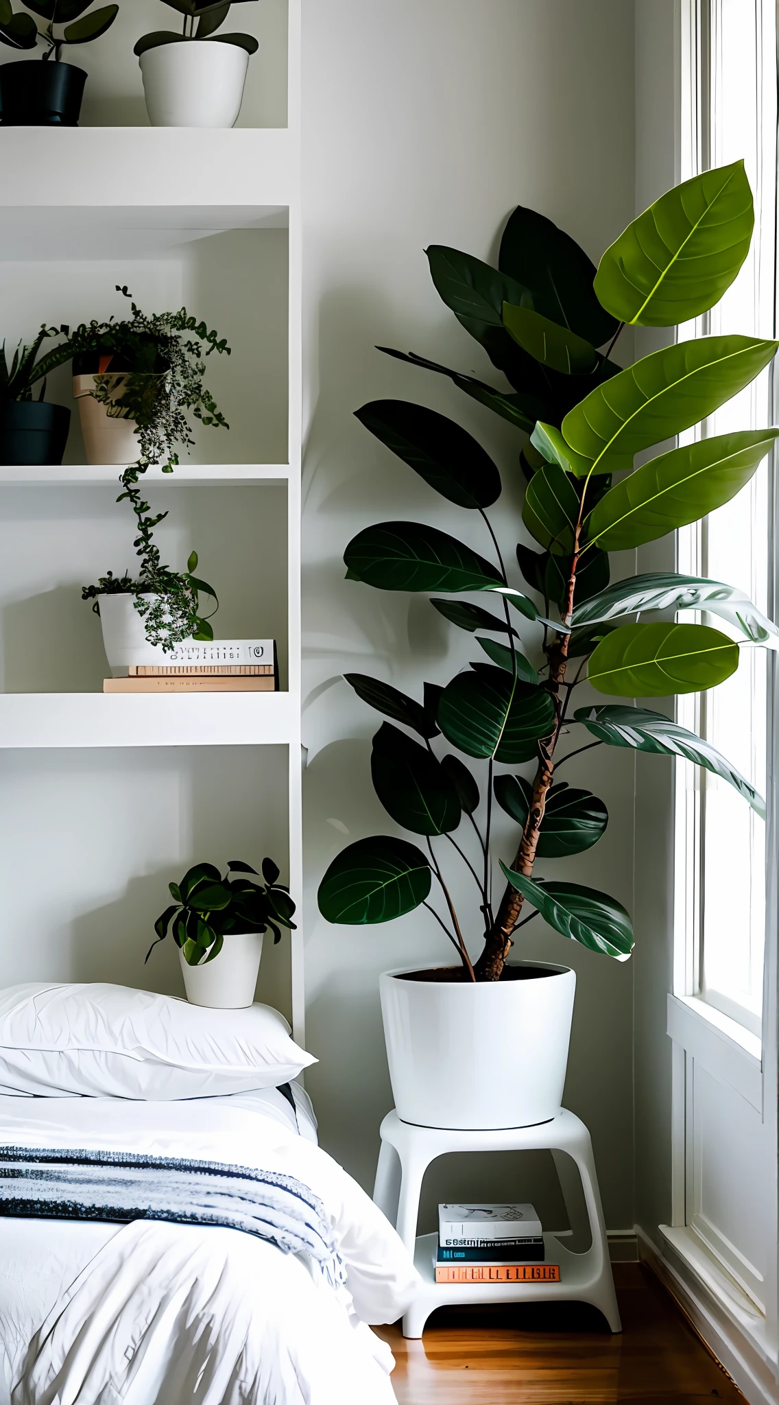 white table, plant jug, bookshelf, minimalist, realistic photography, bedroom, plants, brain statue